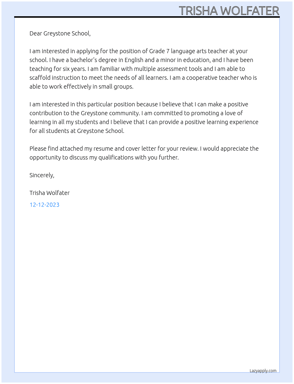 Grade 7 language arts teacher  At Greystone School Cover Letter