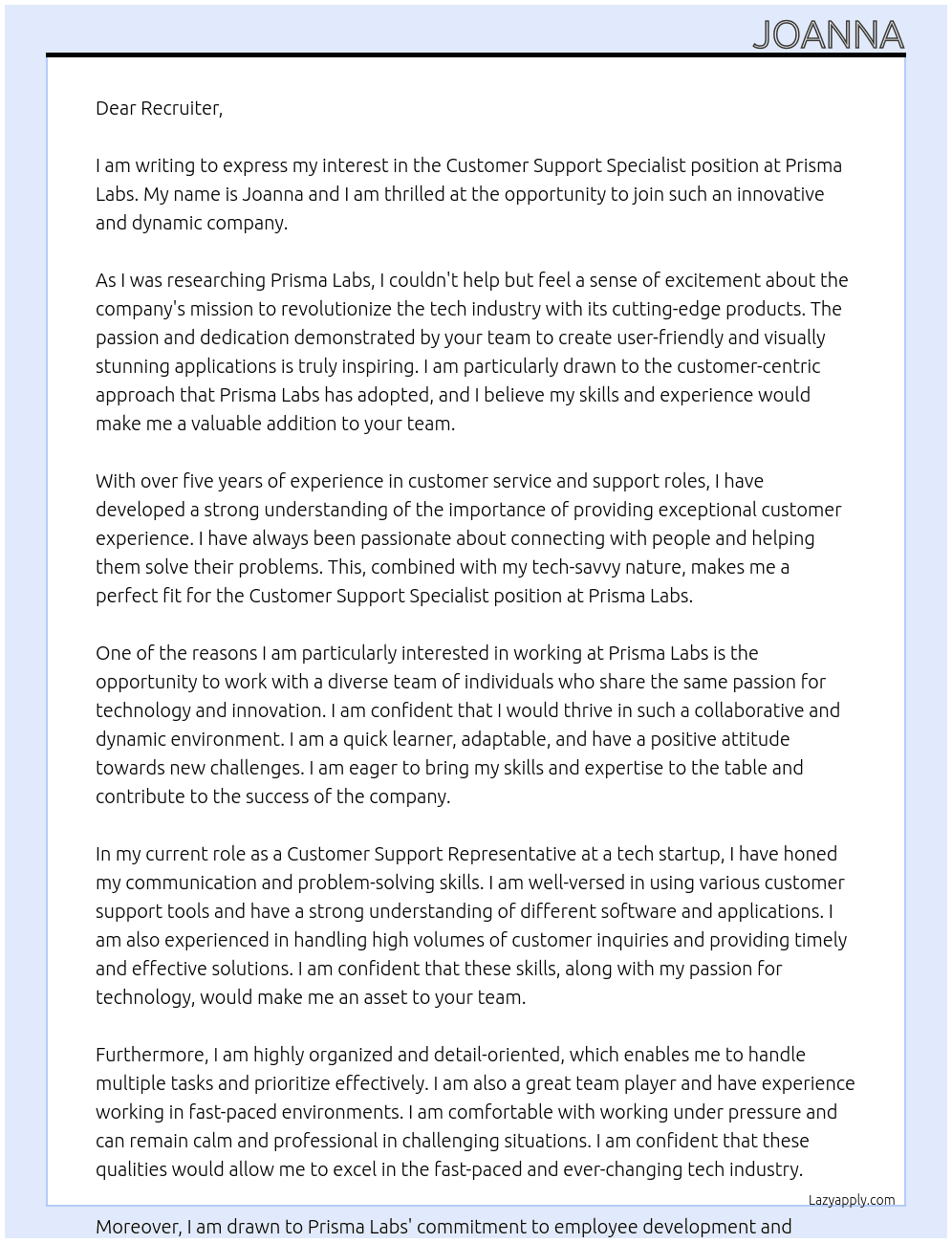Customer Support Specialist At prisma labs Cover Letter