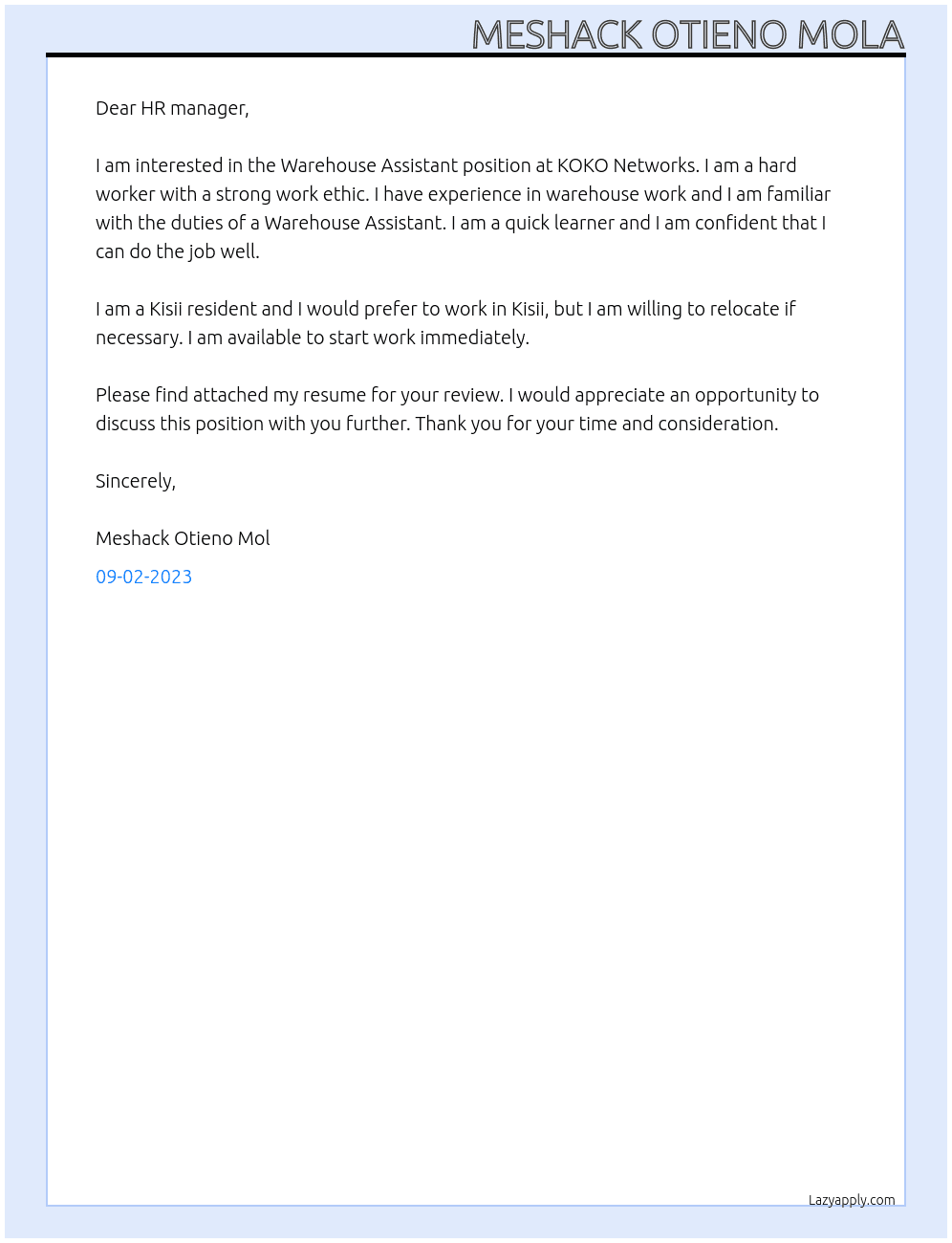 Warehouse Assistant At KOKO Networks Cover Letter
