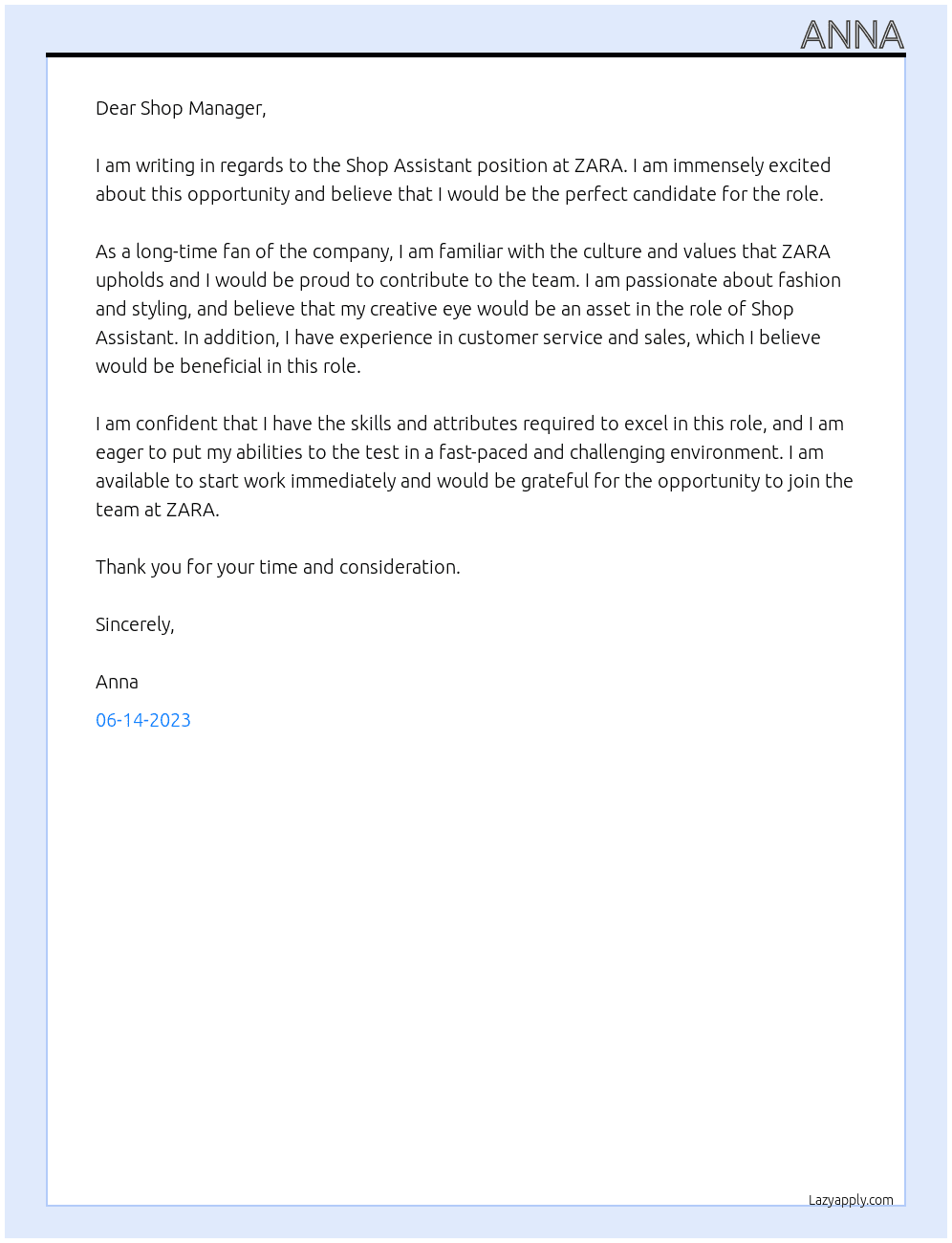 Shop Assistant At ZARA Cover Letter