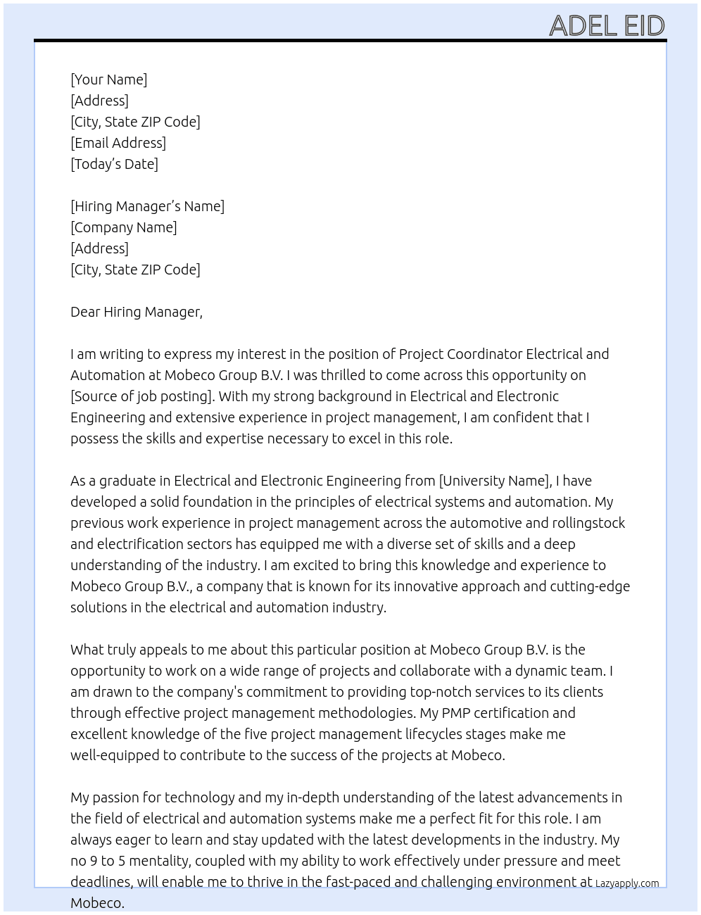 Project Coordinator Electrical and Automation At Mobeco Group B.V. Cover Letter
