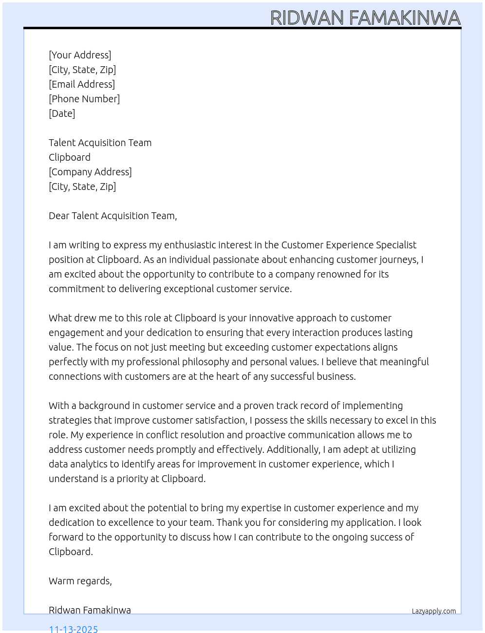 Cover letter for costumer experience specialist - LazyApply