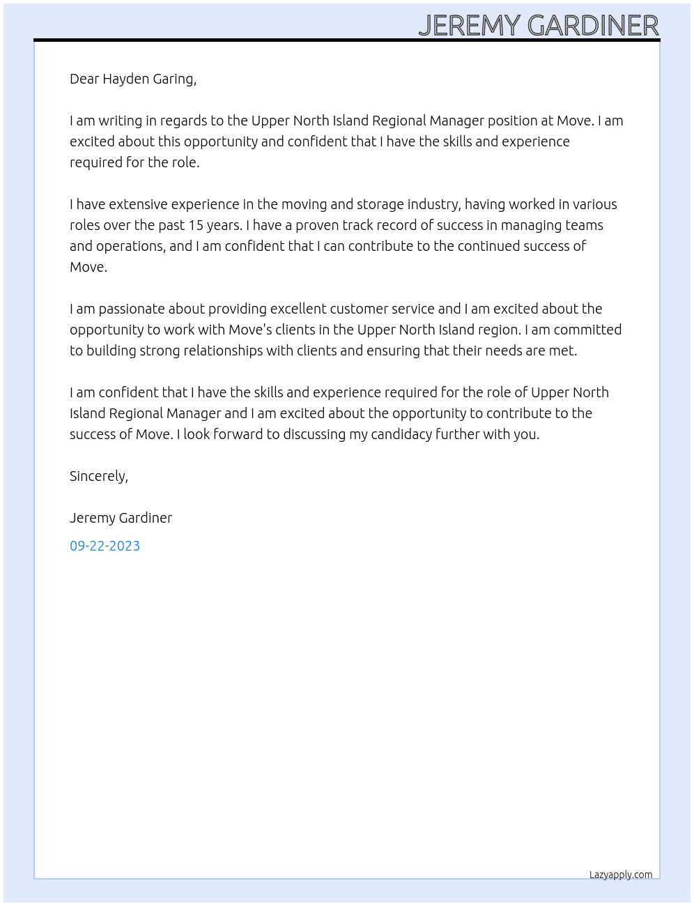 Upper North Island Regional Manager At Move Cover Letter