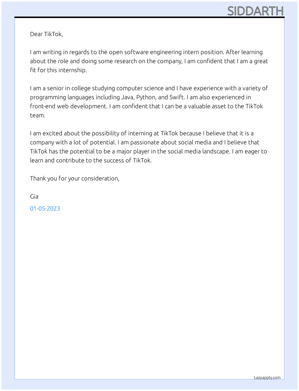 Software Engineering Intern At TikTok Cover Letter