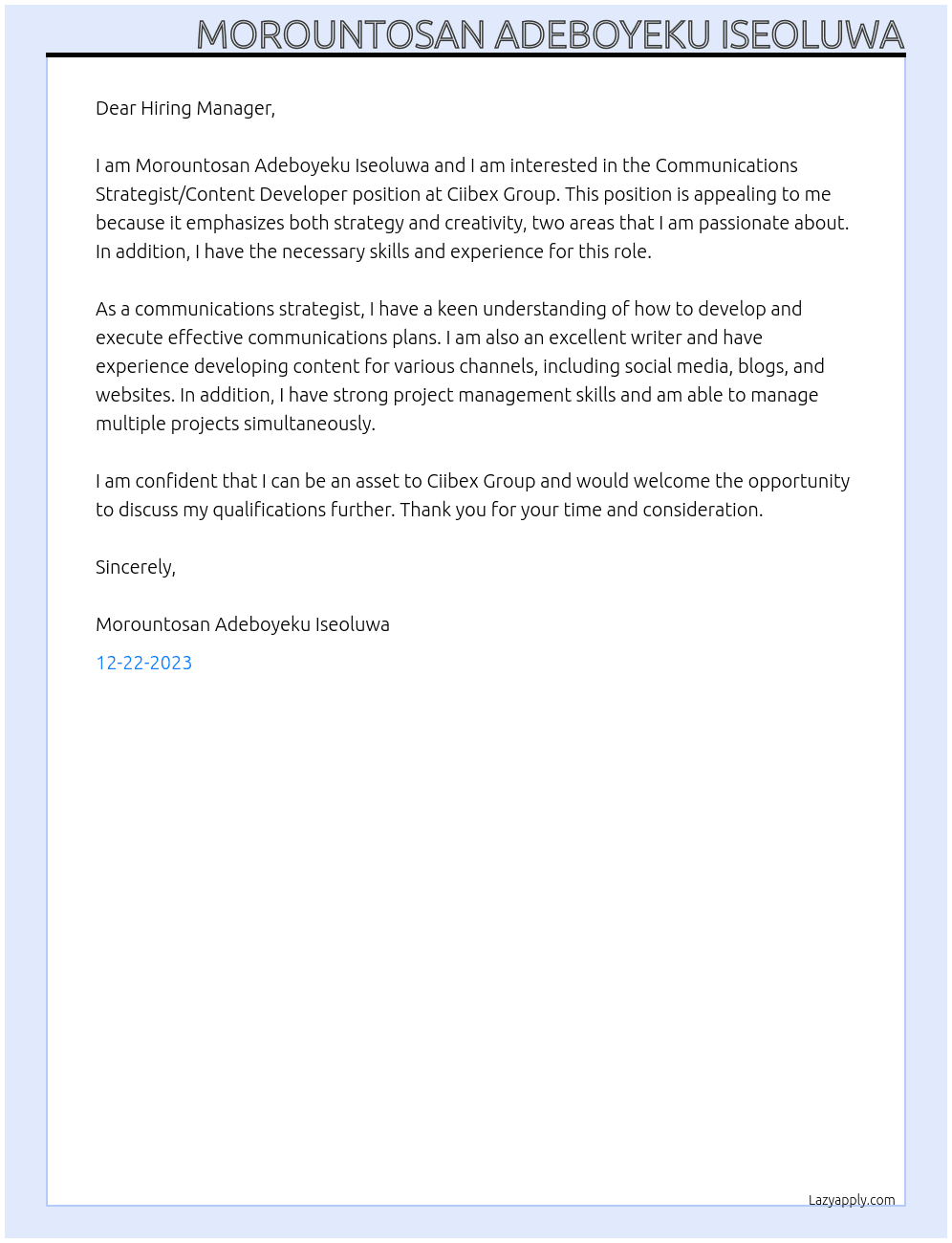 COMMUNICATIONS STRATEGIST/CONTENT DEVELOPER At Ciibex Group Cover Letter
