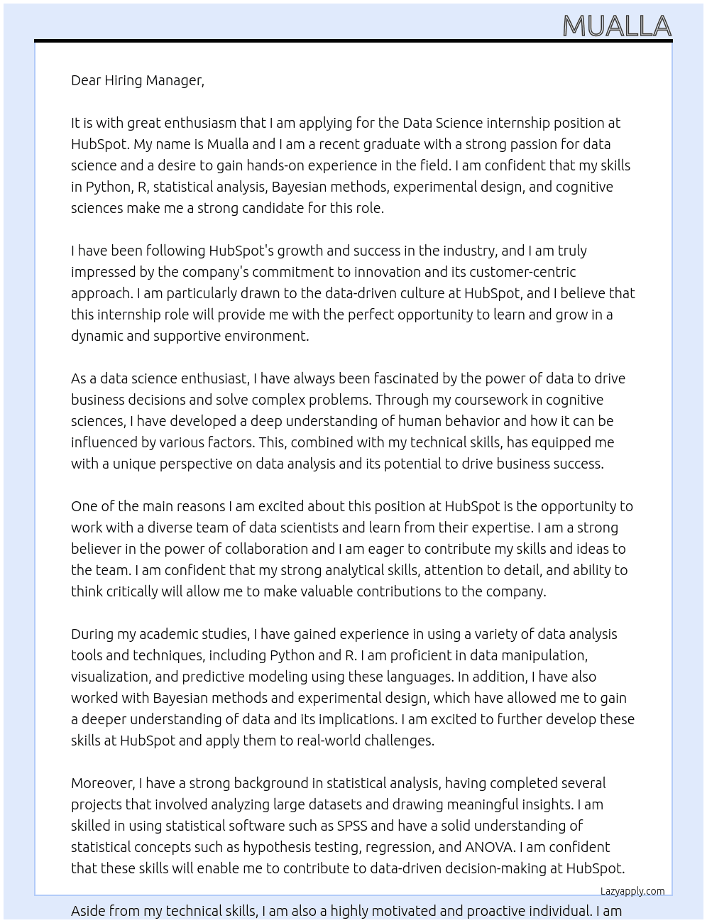 data science  At hubspot Cover Letter