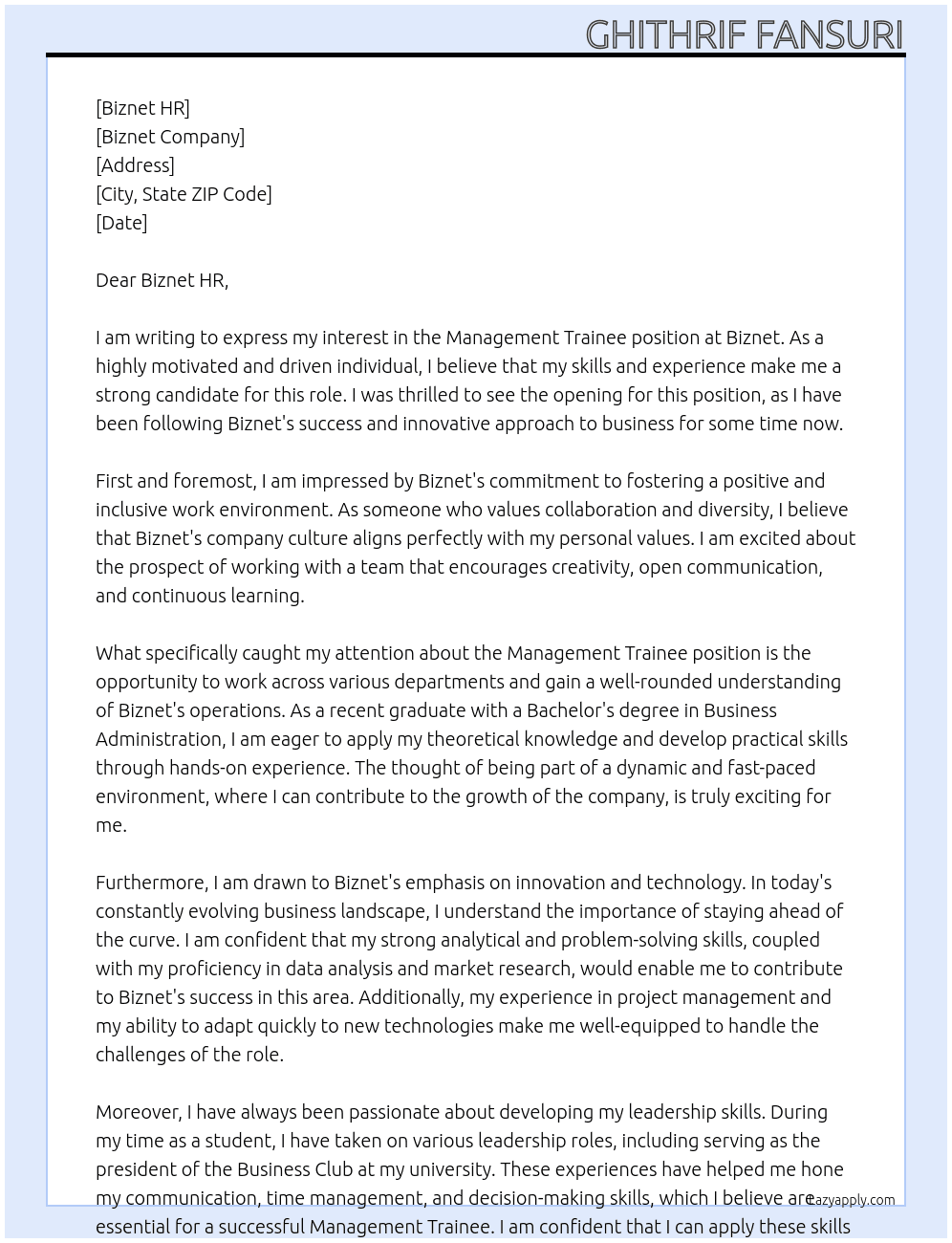 Management Trainee At Biznet Cover Letter