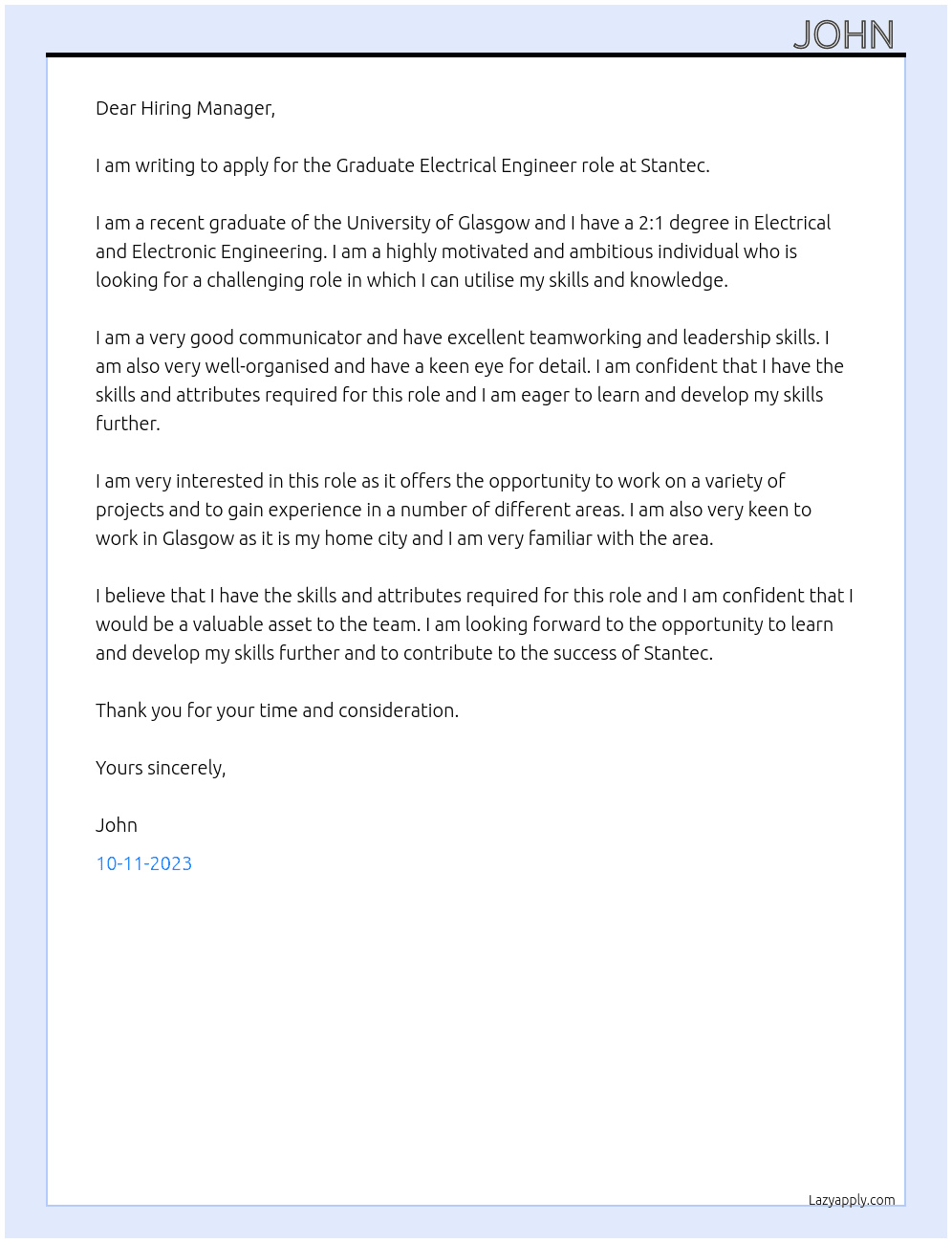 Graduate Electrical Engineer  At Stantec Cover Letter