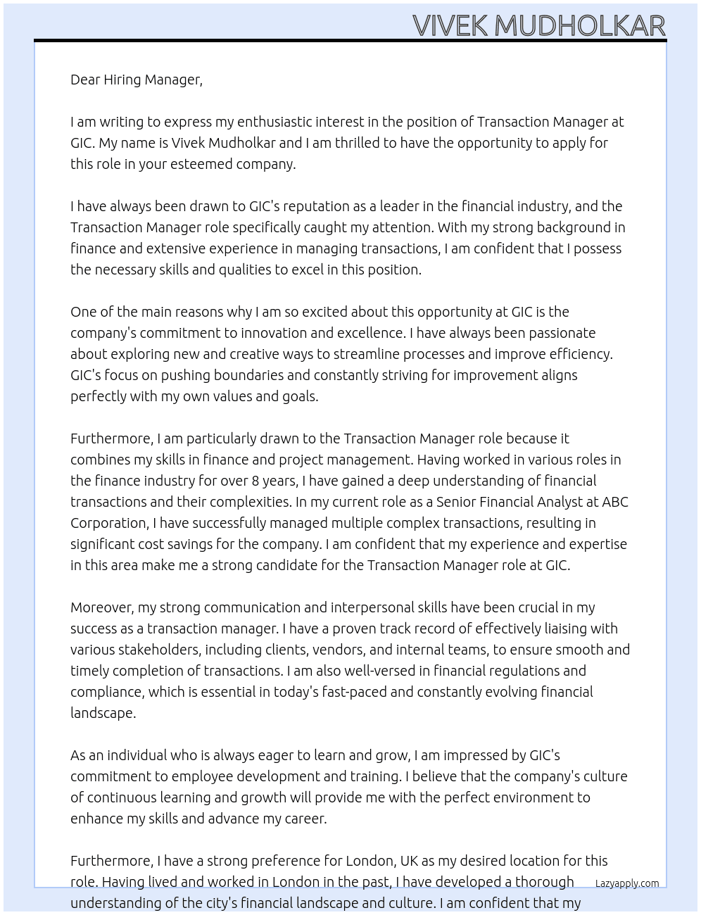 Transaction Manager At GIC Cover Letter