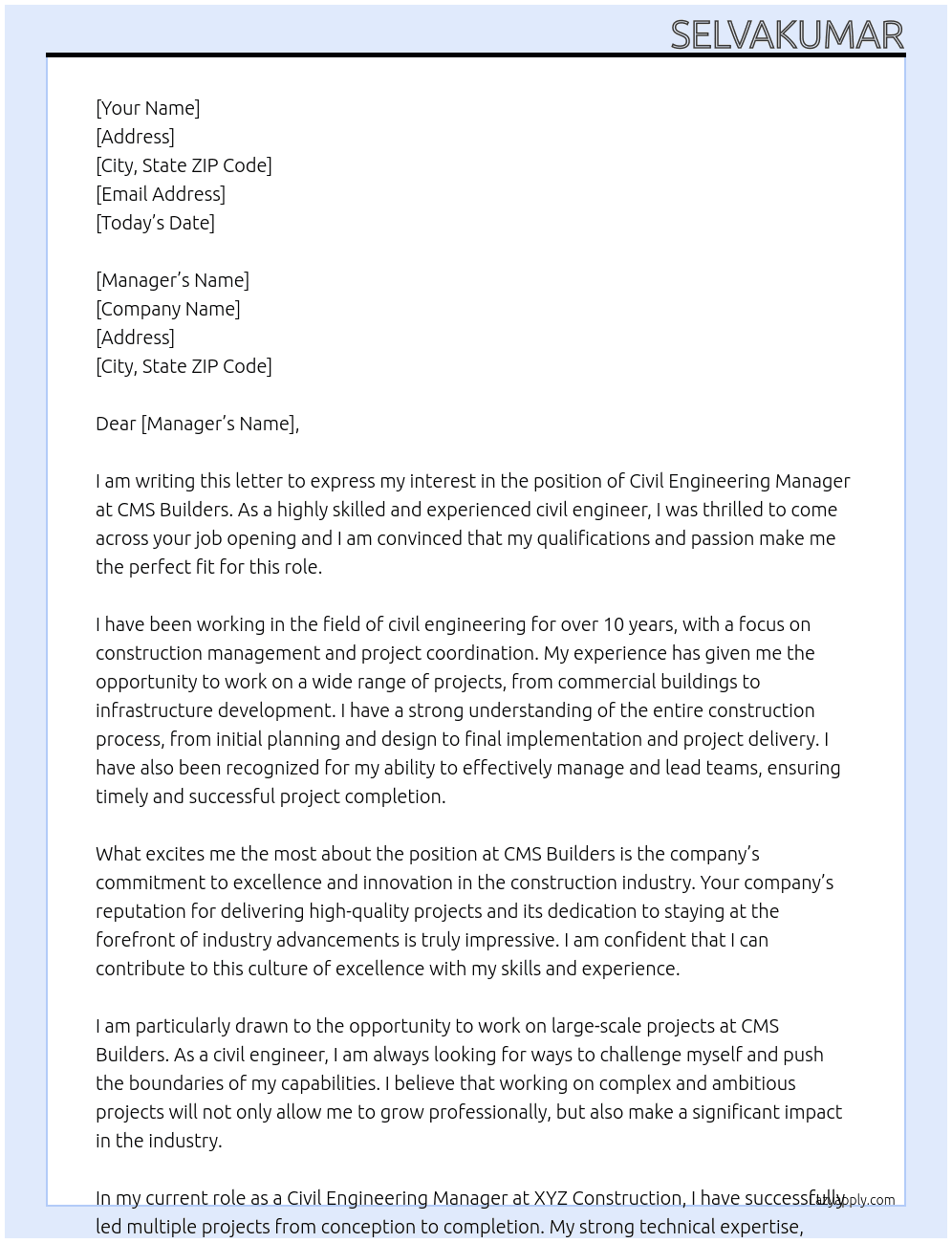 CIVIL ENGINEERING At CMS BUILDERS Cover Letter