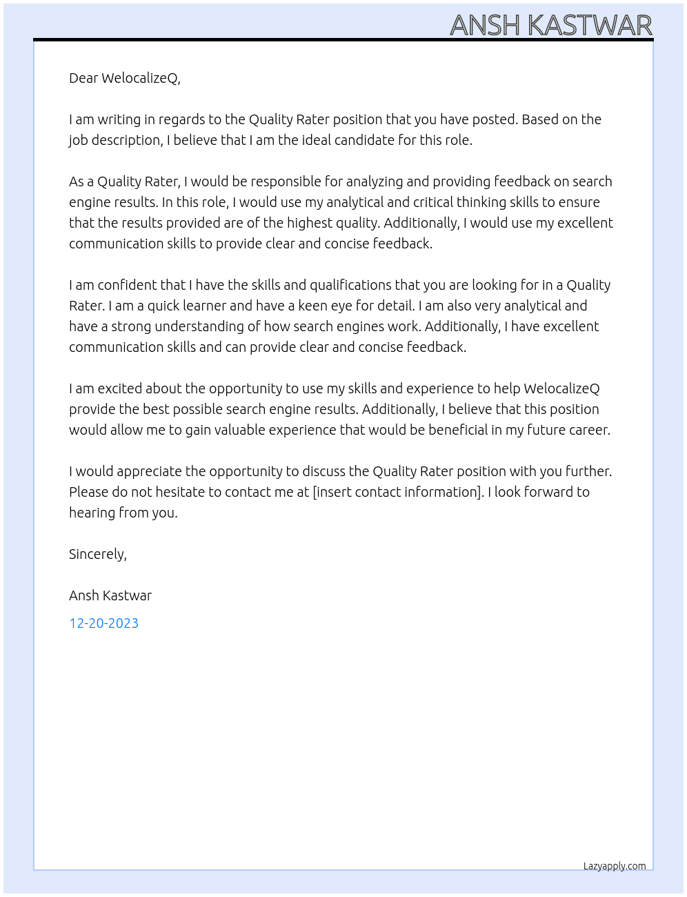 Quality rater At WelocalizeQ Cover Letter