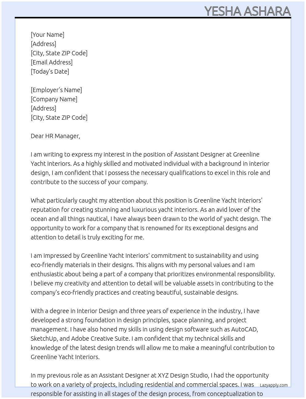 Assistant designer At Greenline yacht interiors Cover Letter
