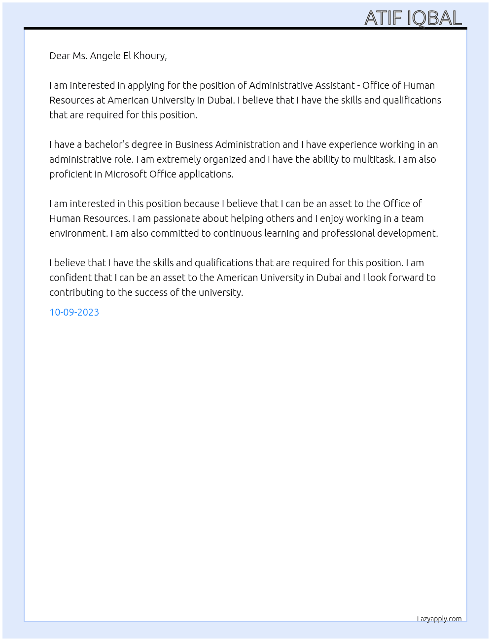 Administrative Assistant - Office of Human Resources At American University in Dubai  Cover Letter