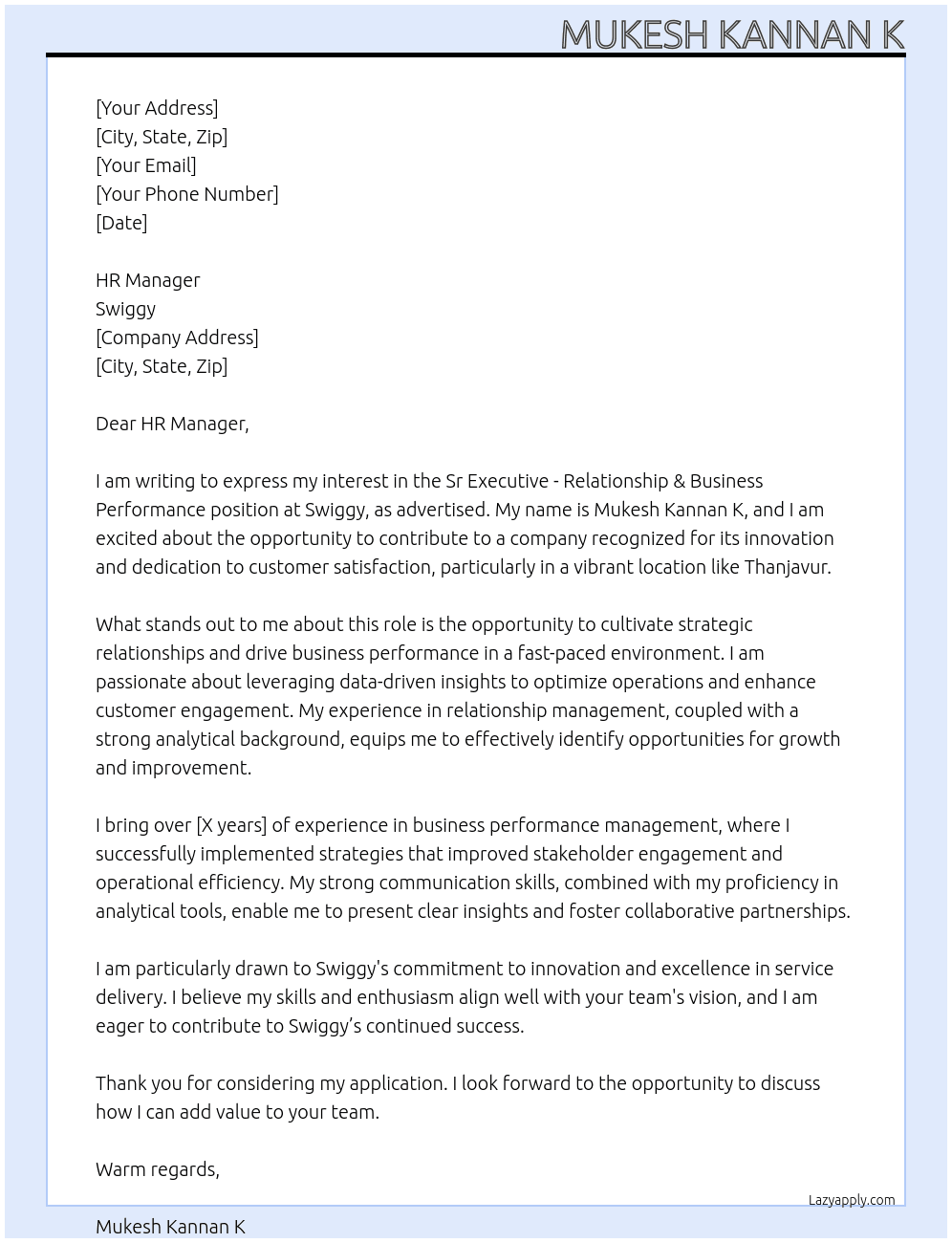 Cover letter for sr executive - relationship & business performance - LazyApply