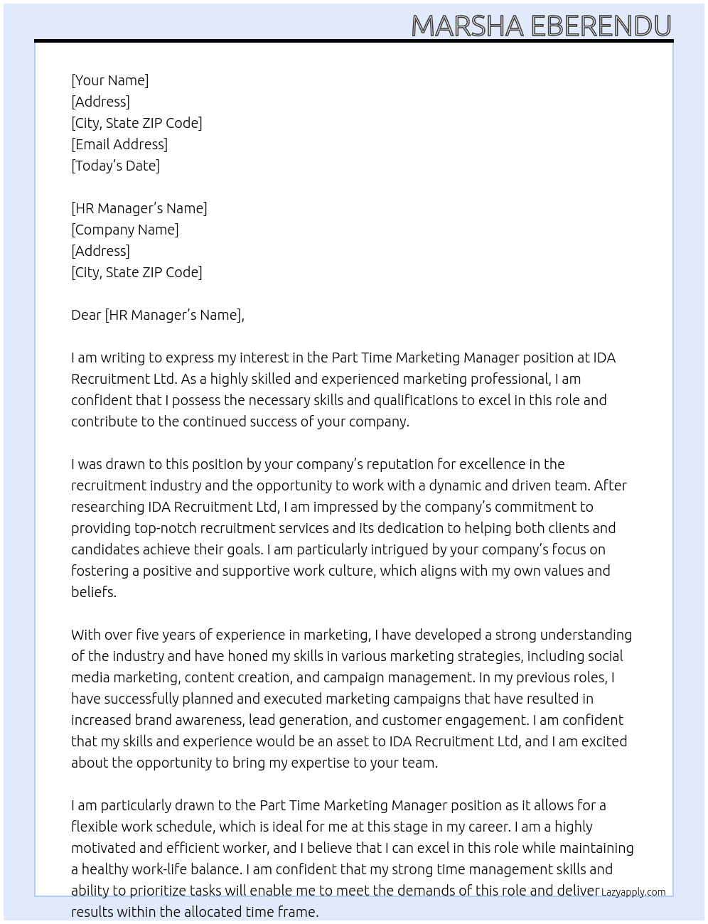 Part Time Marketing Manager At IDA Recruitment Ltd Cover Letter