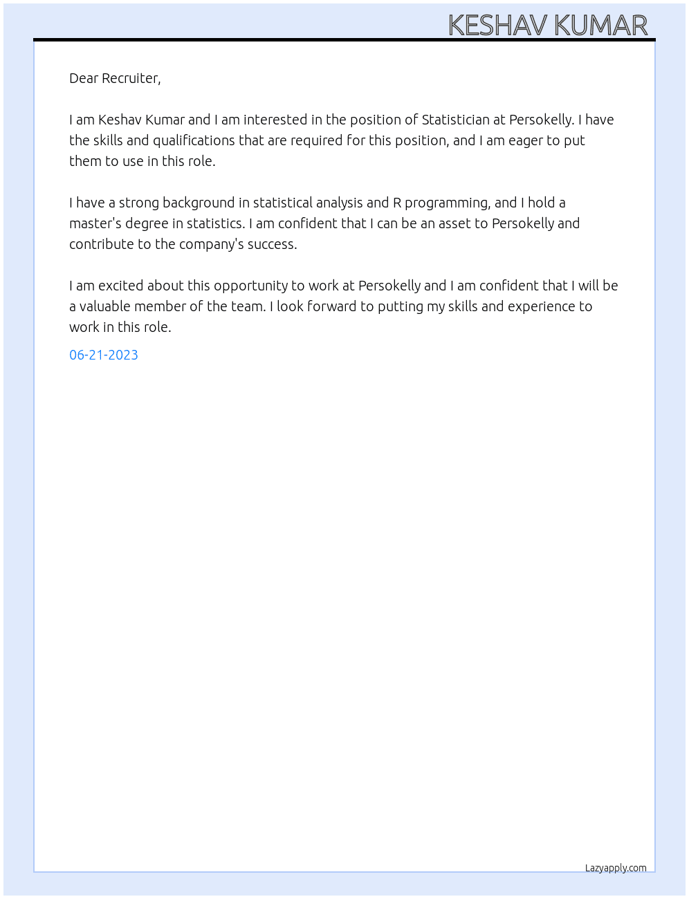 Statistician  At Persokelly Cover Letter