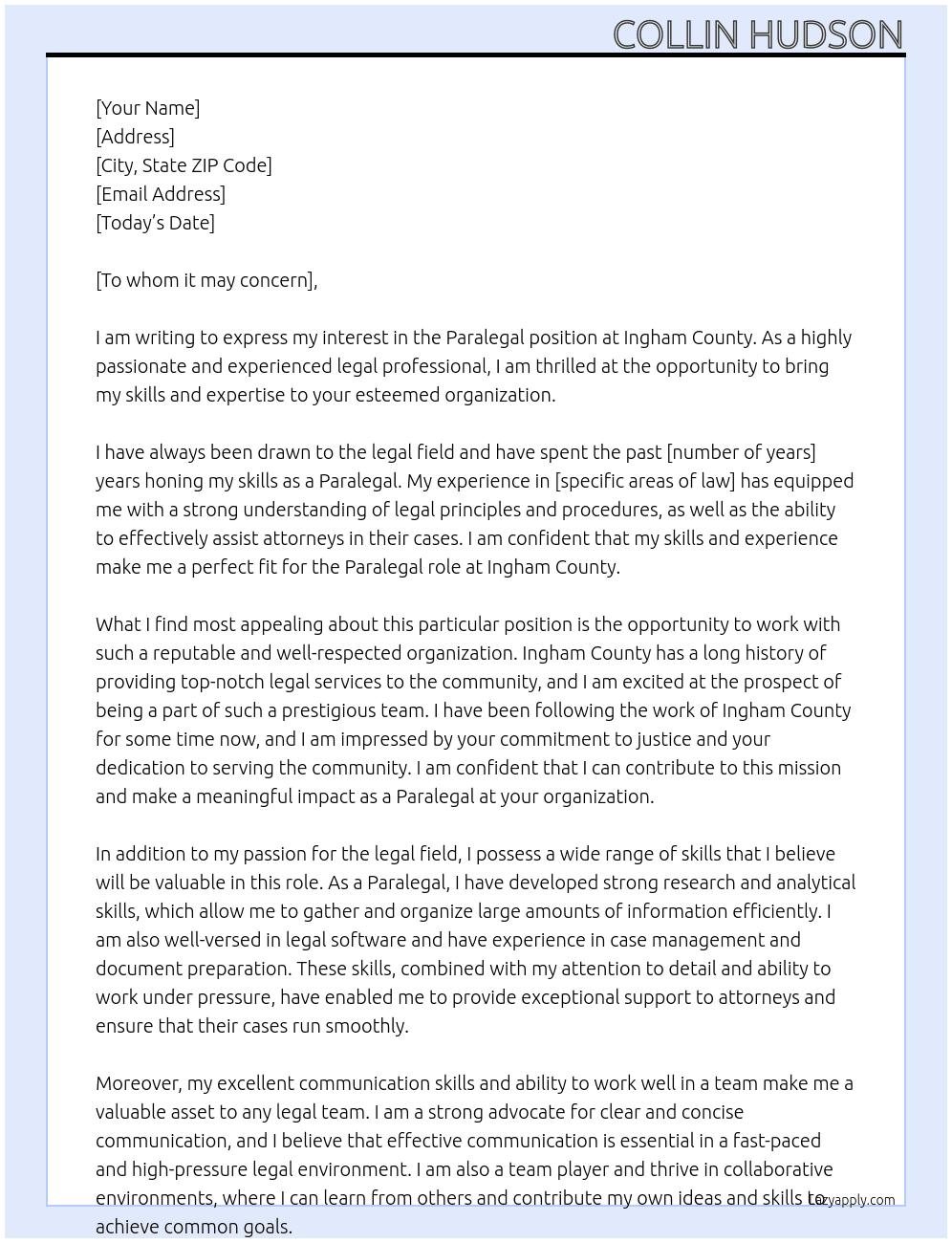 Paralegal At Ingham County Cover Letter