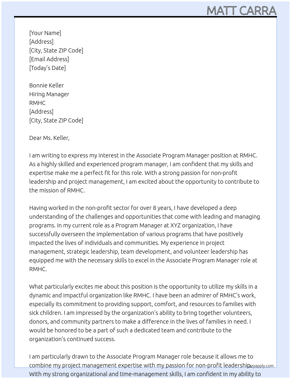 Associate Program Manager At RMHC Cover Letter