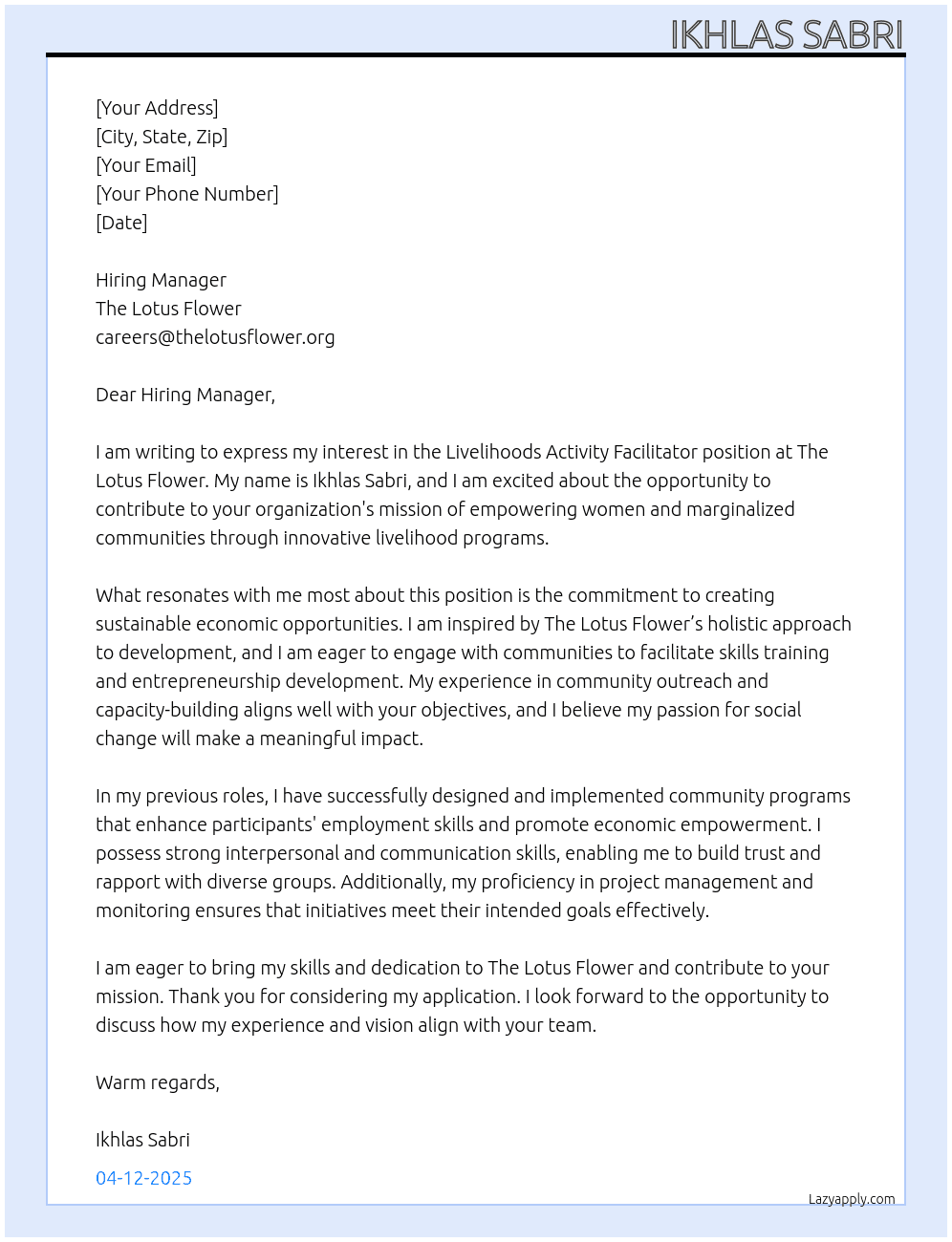 Livelihoods Activity Facilitator At The Lotus Flowe Cover Letter