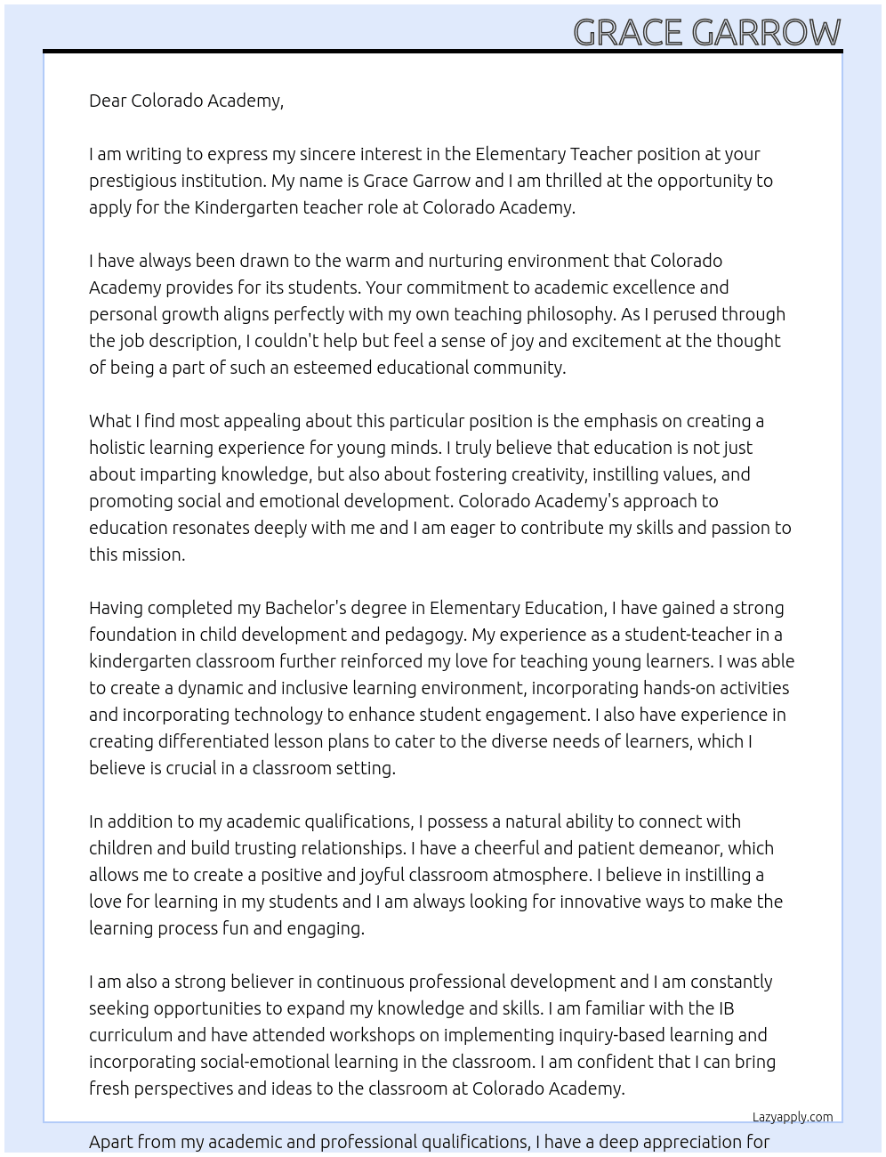 Elementary Teacher At Colorado Academy Cover Letter