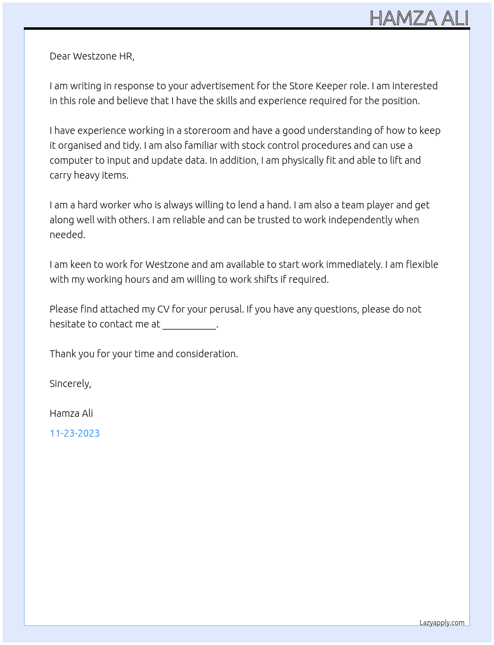 Store Keeper  At Westzone Cover Letter
