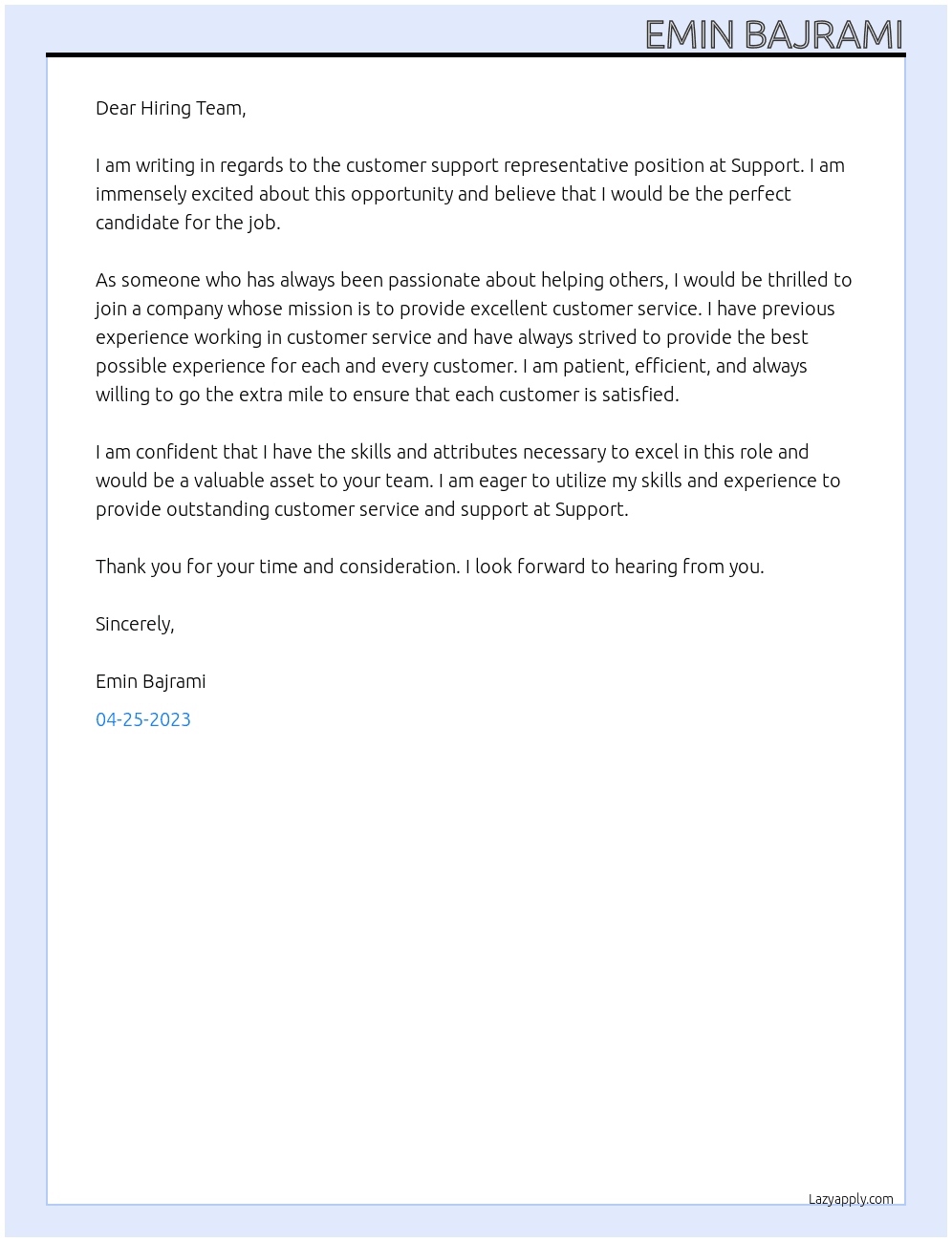 Customer support representative At Support Cover Letter