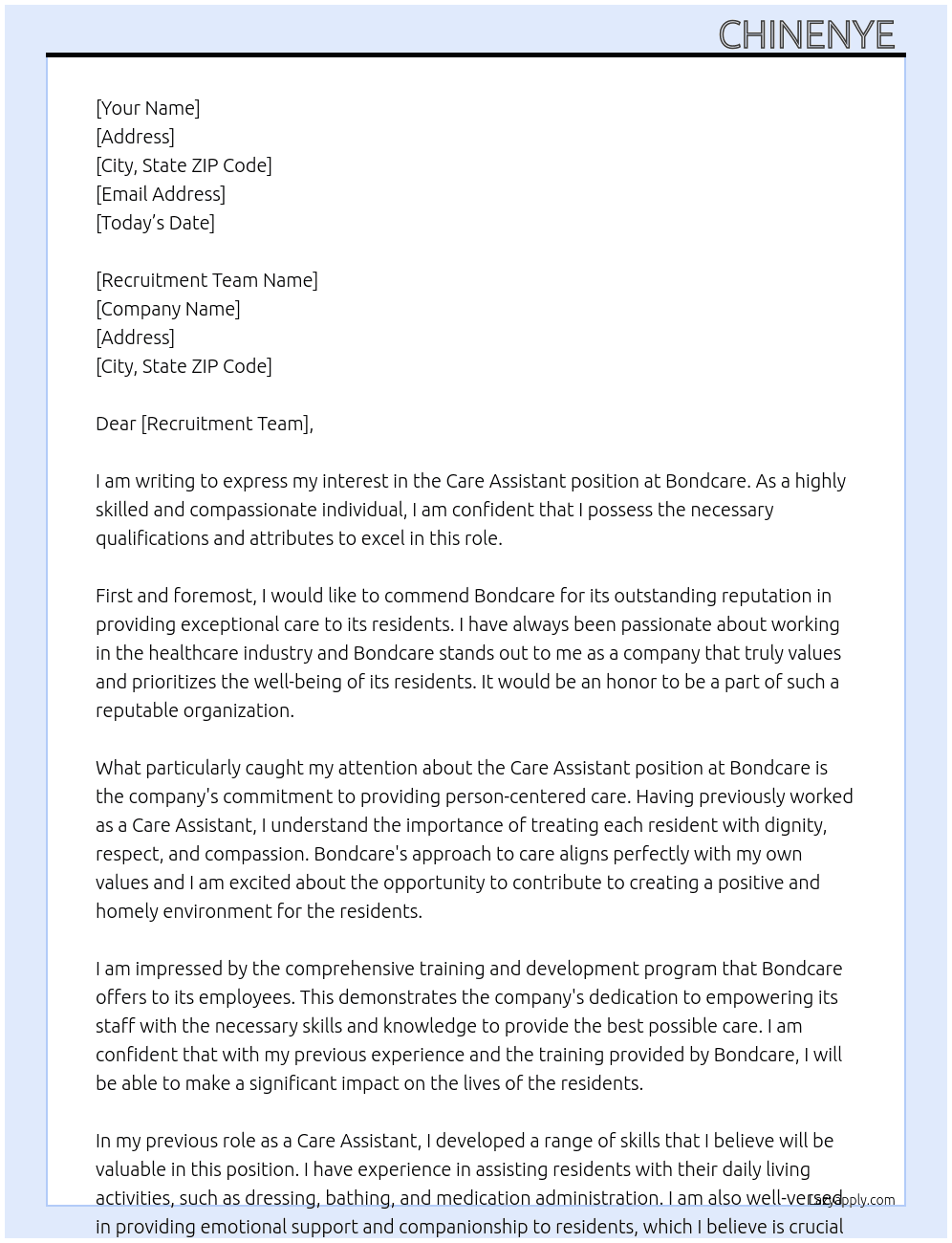 Care assistant  At Bondcare Cover Letter