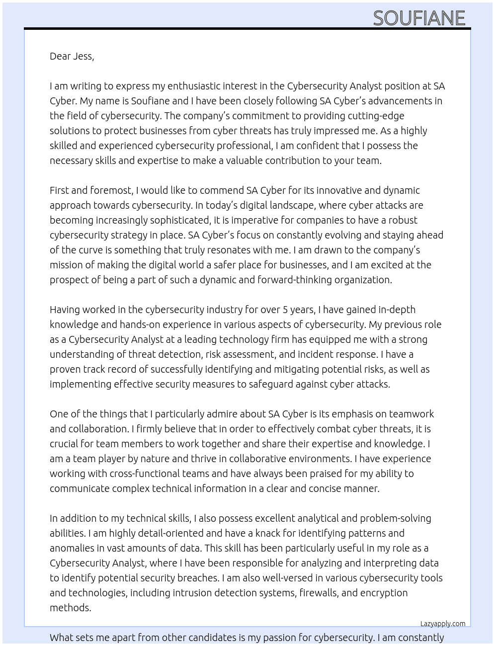 Cybersecurity Analyst  At SA Cyber Cover Letter