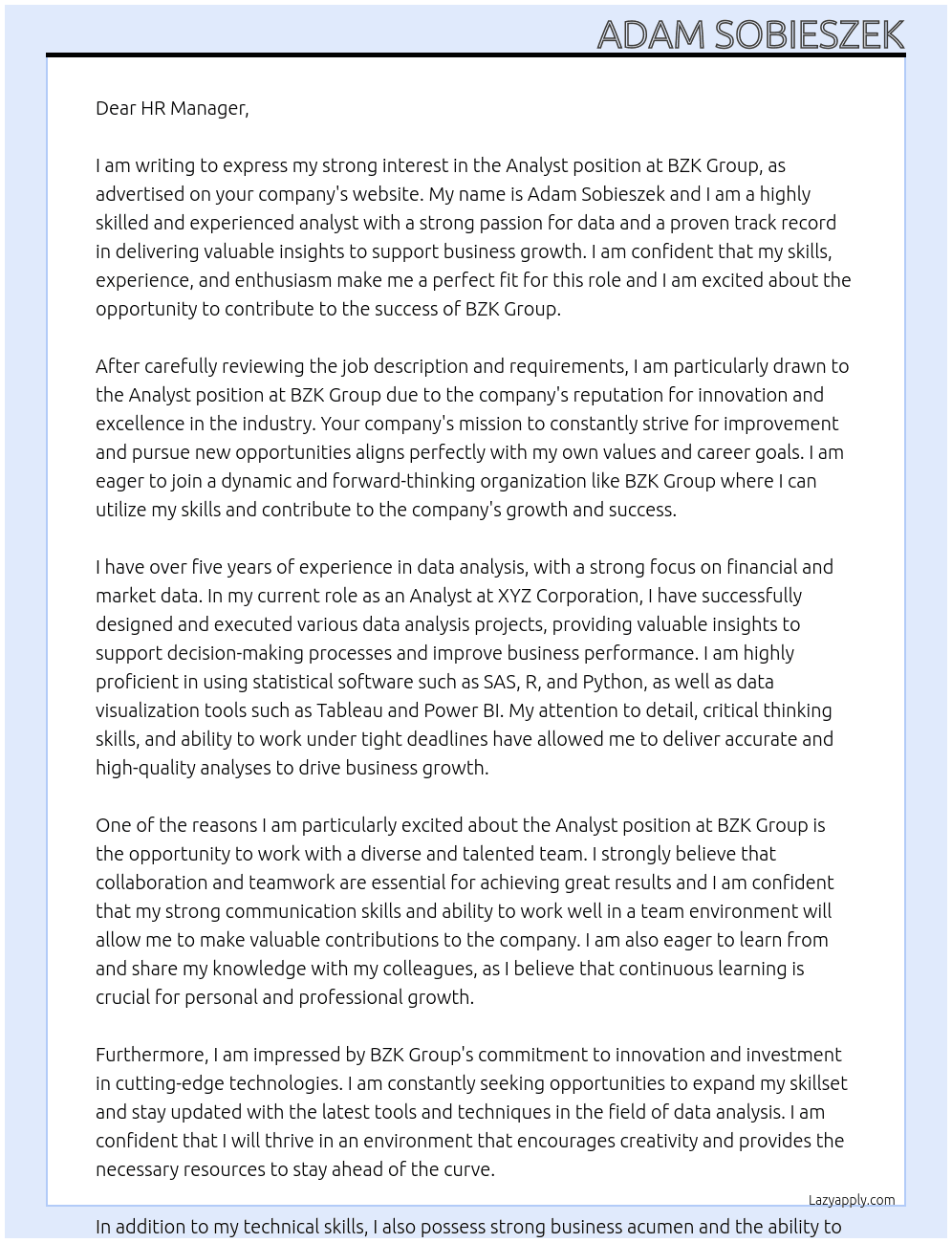 Analyst At BZK Group Cover Letter