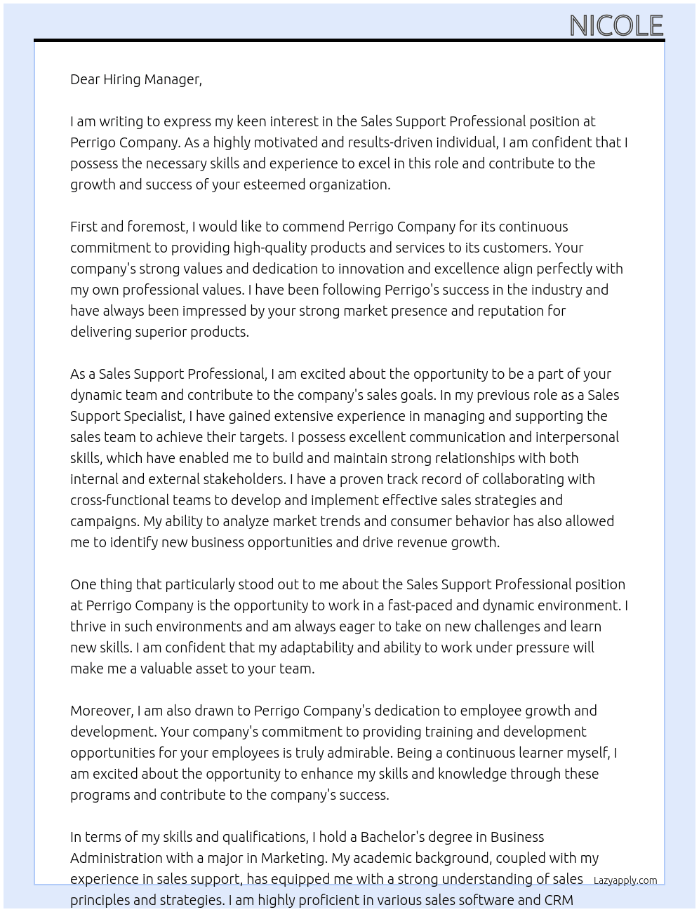 Sales Support Profressional At Perrigo Company Cover Letter