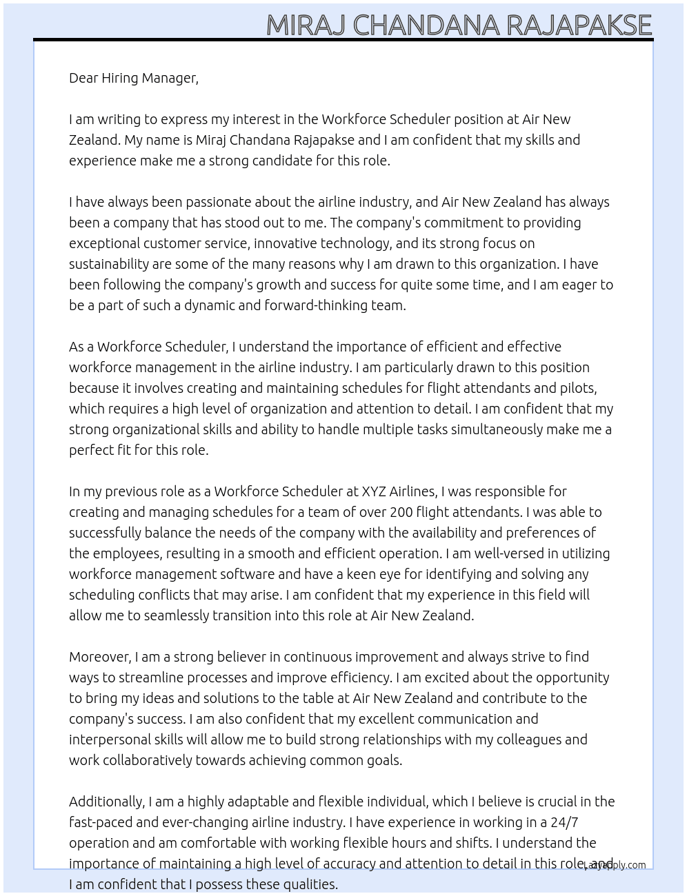 Workforce Scheduler At Air New Zealand Cover Letter