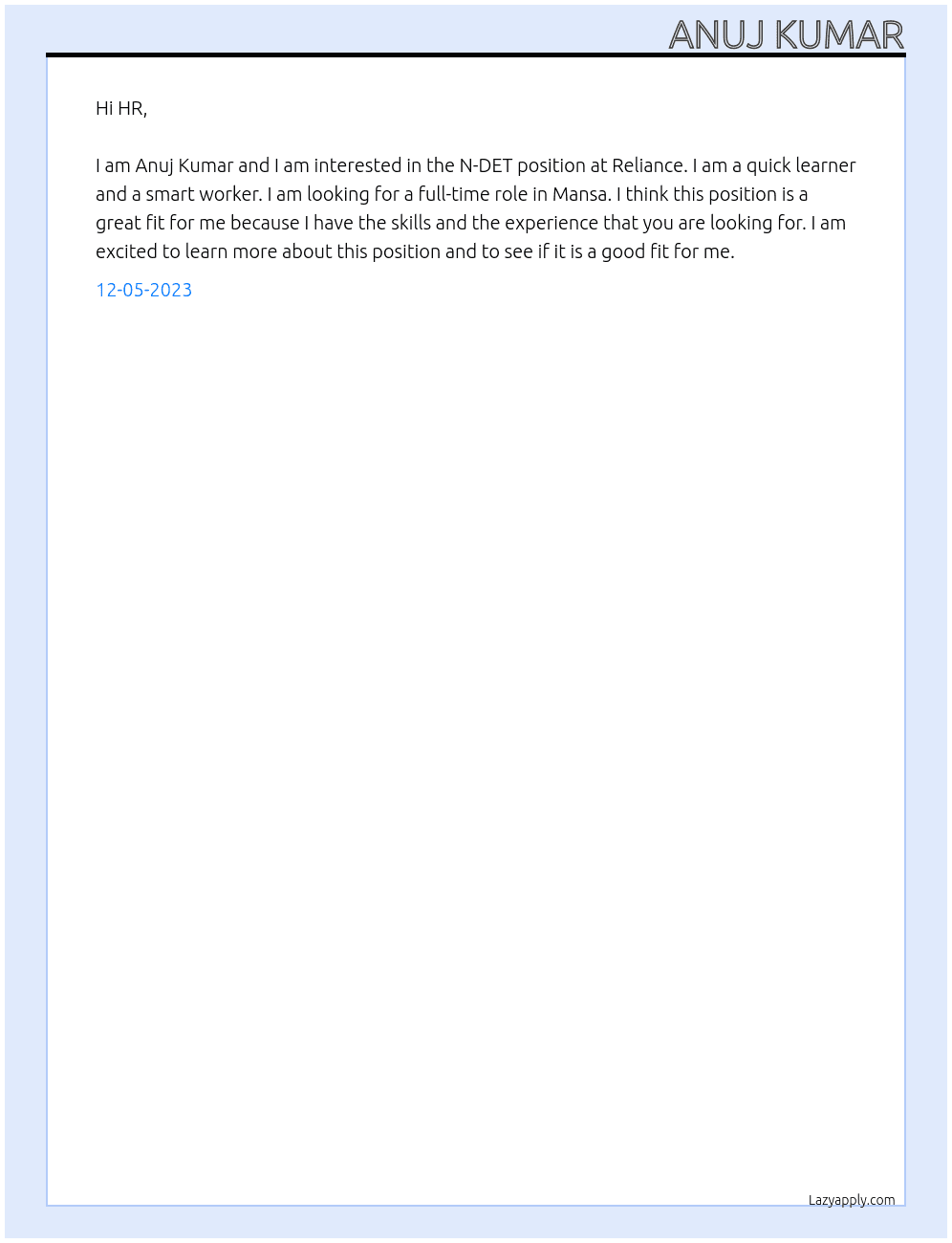 N-DET At Reliance  Cover Letter