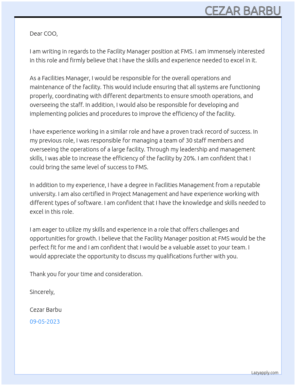 Facility Manager At FMS Cover Letter