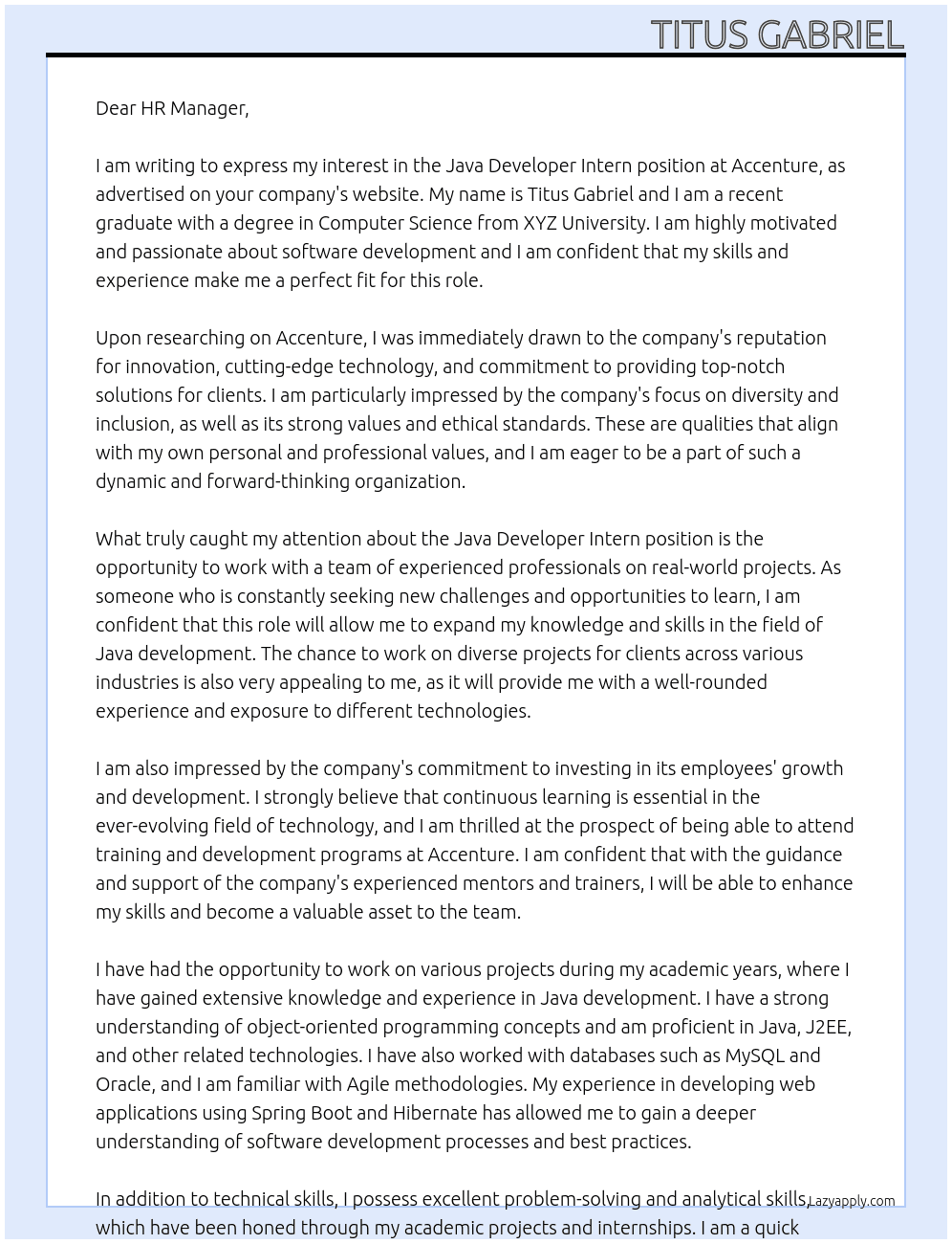 Java Developer Intern At Accenture Cover Letter