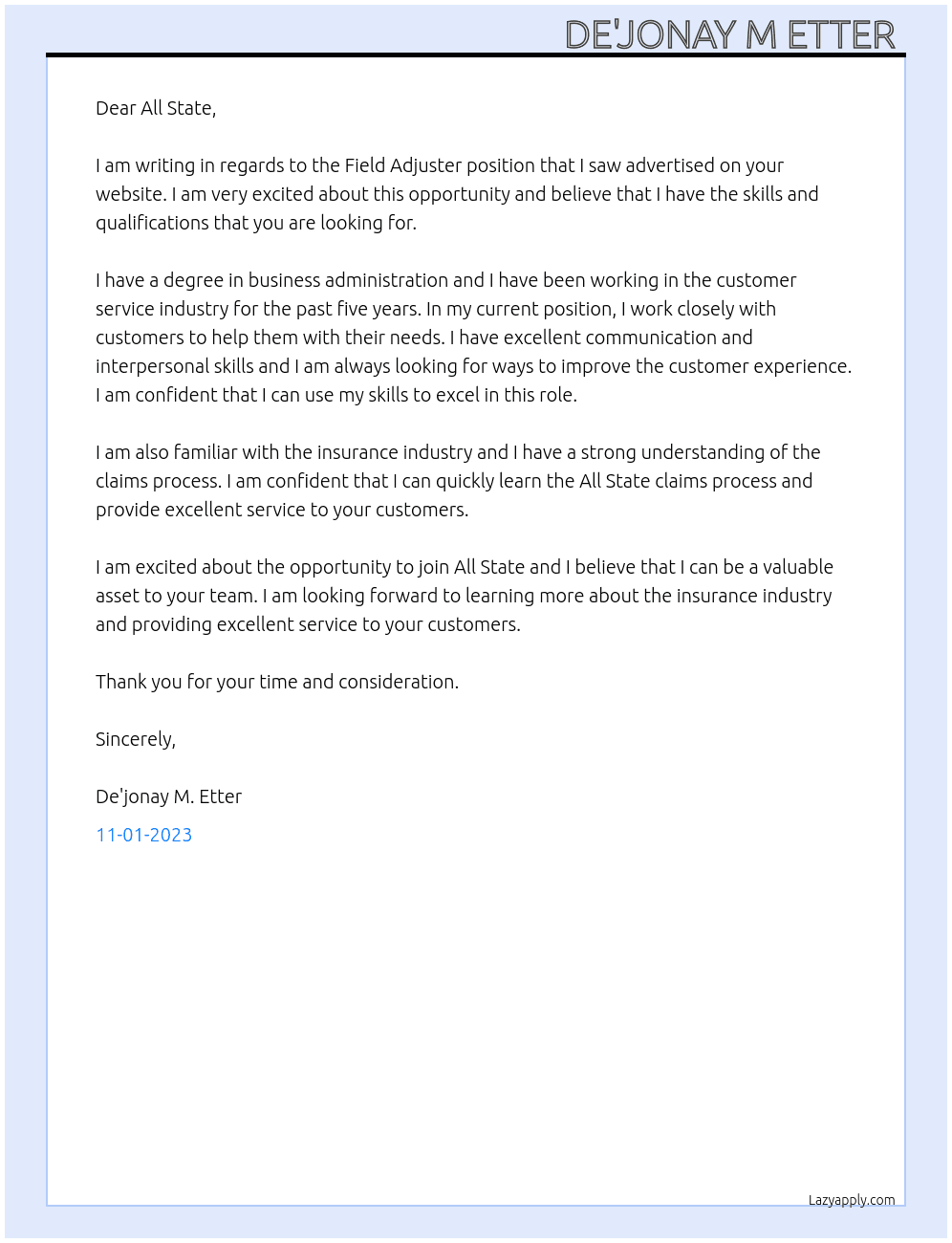 Field Adjuster  At All State  Cover Letter