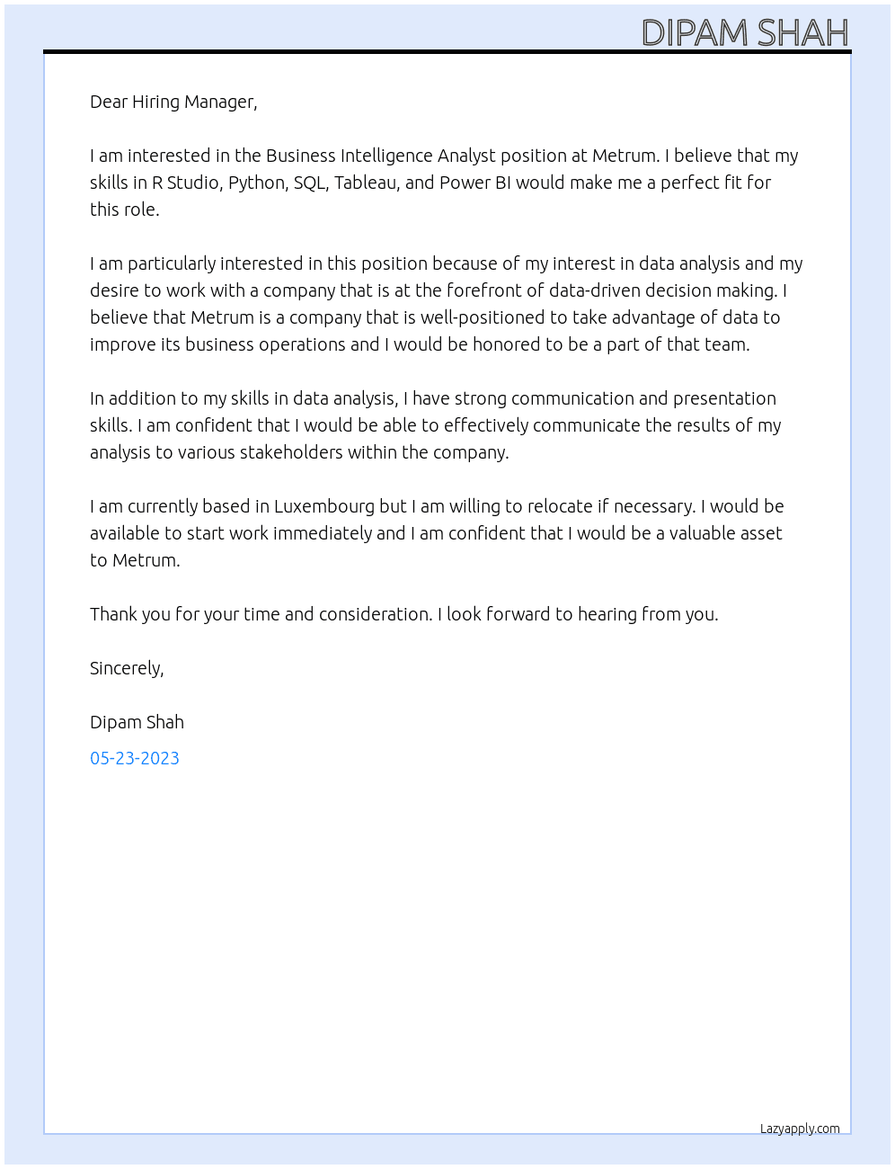 Business Intelligence Analyst At Metrum Cover Letter