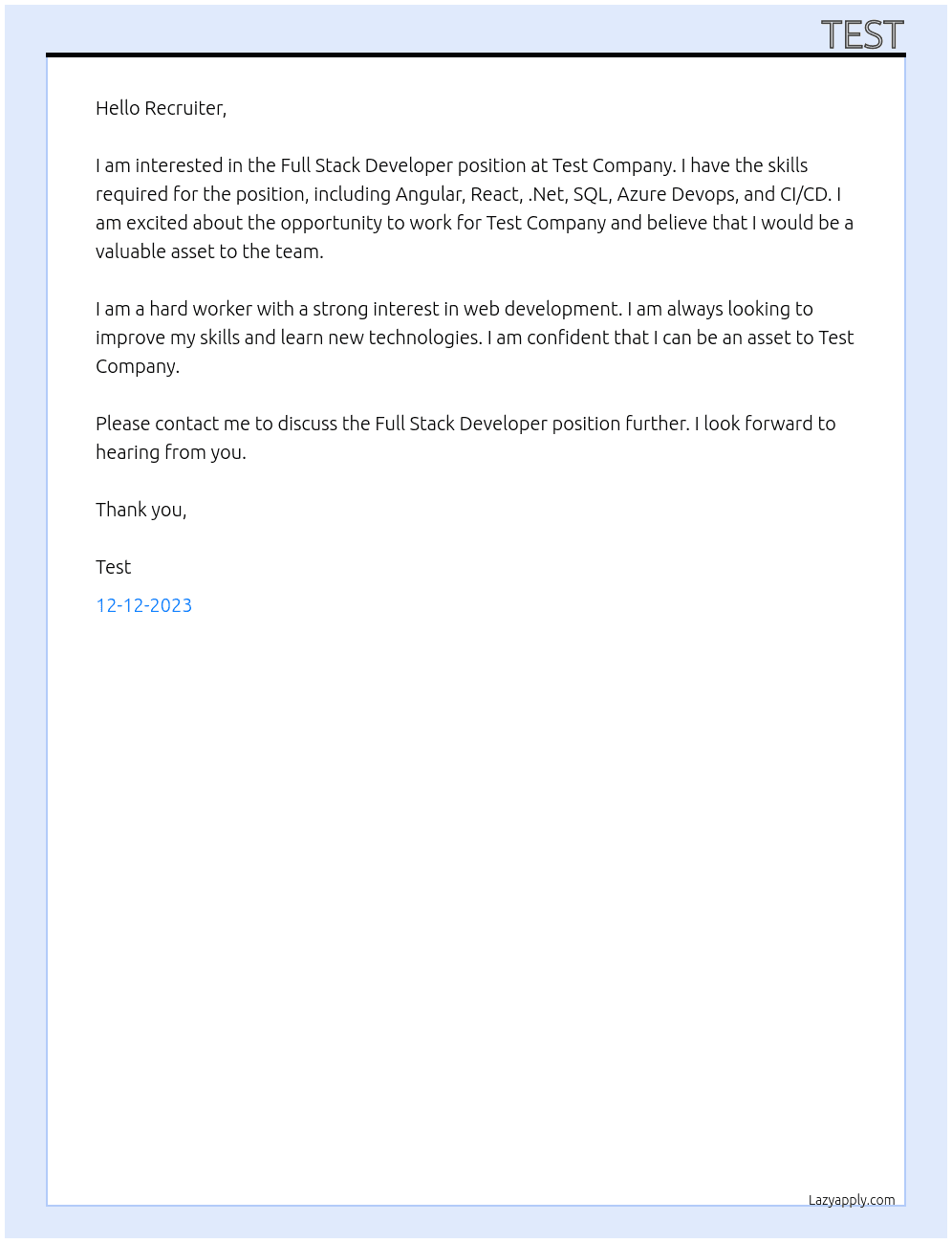 Full Stack Developer At Test Company Cover Letter