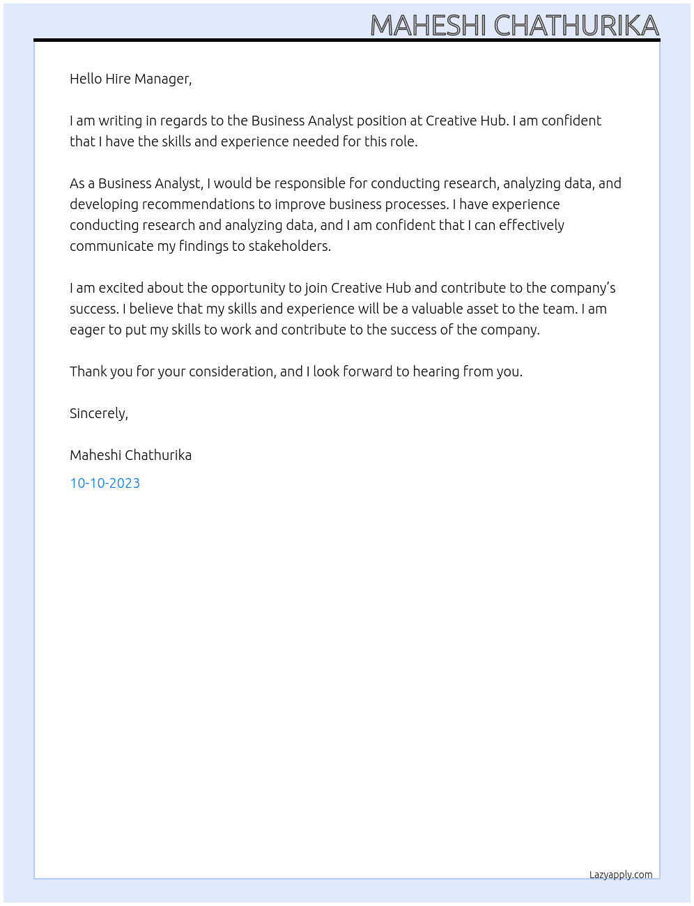 business analyst At Creative Hub Cover Letter