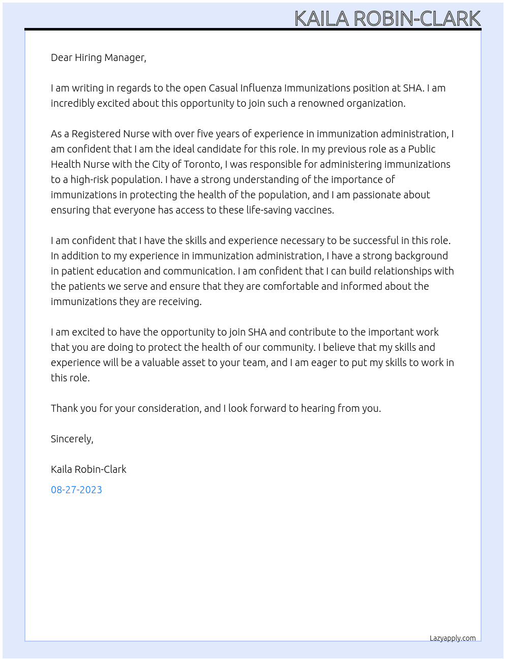 Casual Influenza Immunizations At SHA Cover Letter