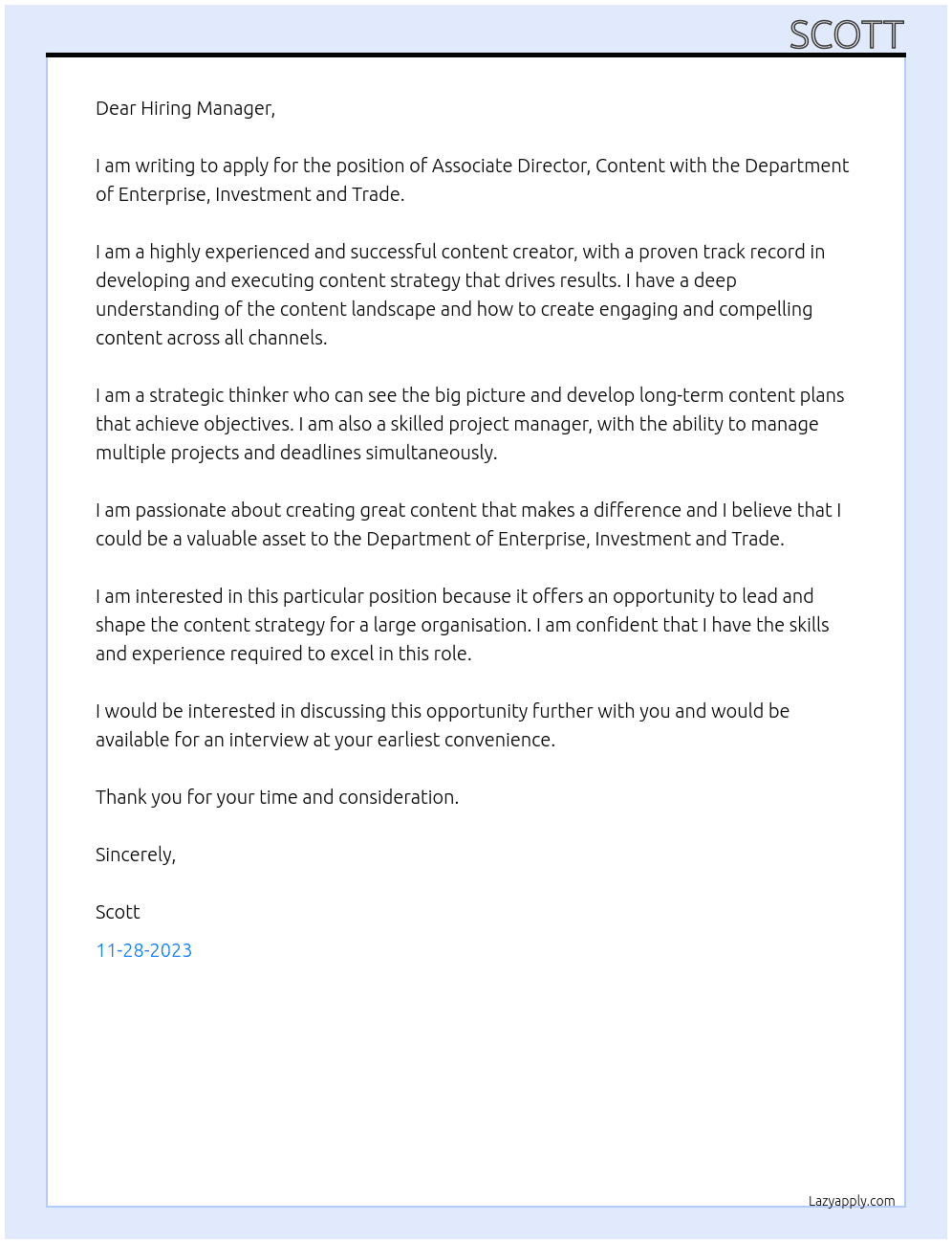 Associate Director, Content At Department of Enterprise, Investment and Trade Cover Letter