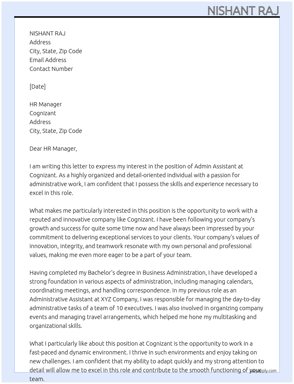 admin Assitant At congnizant Cover Letter