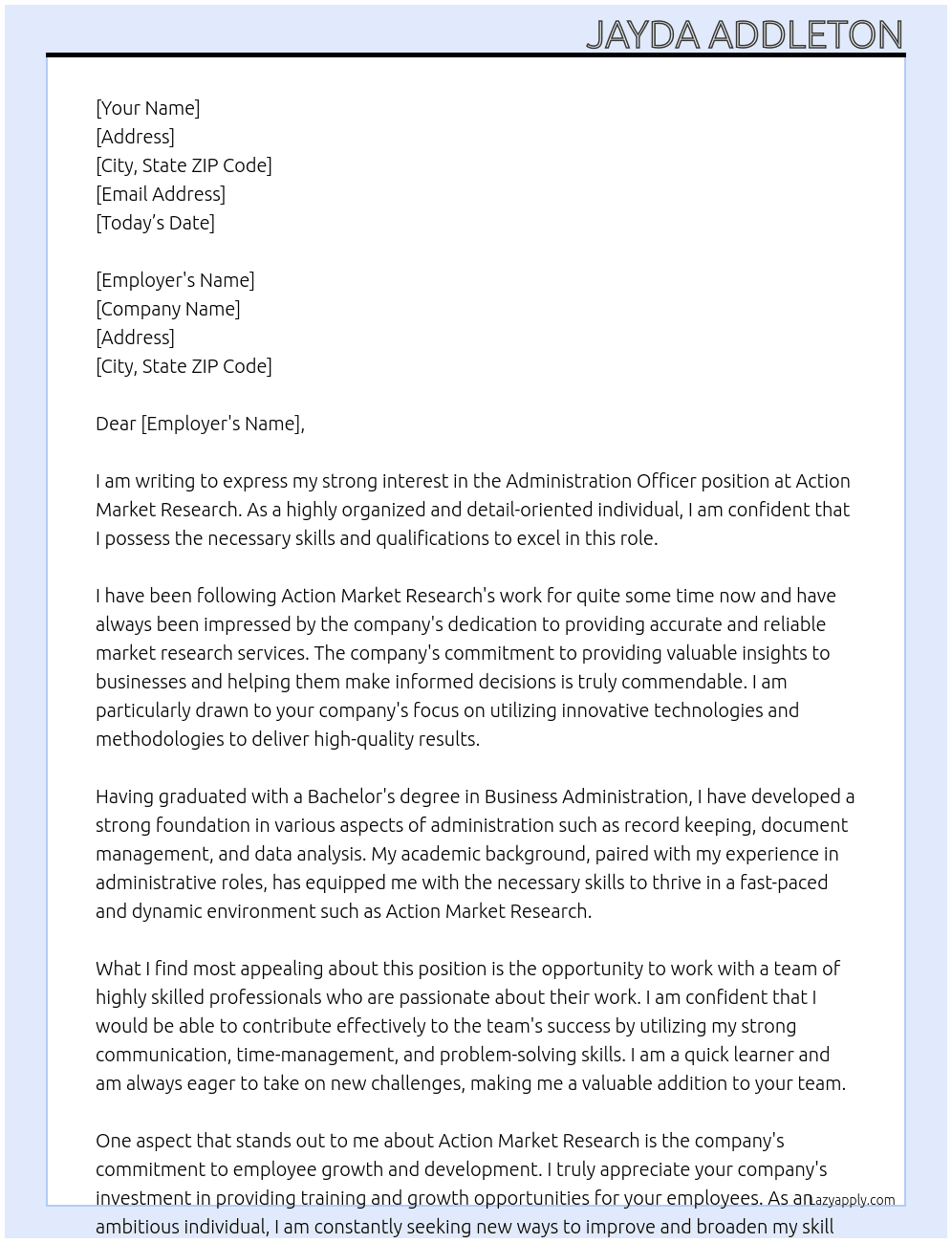 Administration Officer At Action Market Research  Cover Letter