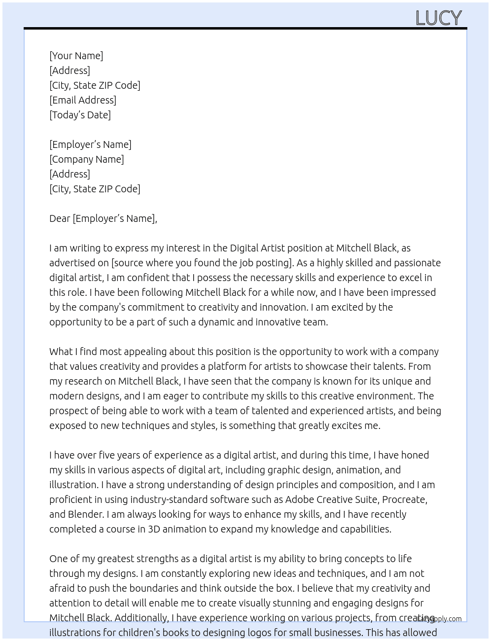 Cover letter for digital artist - LazyApply