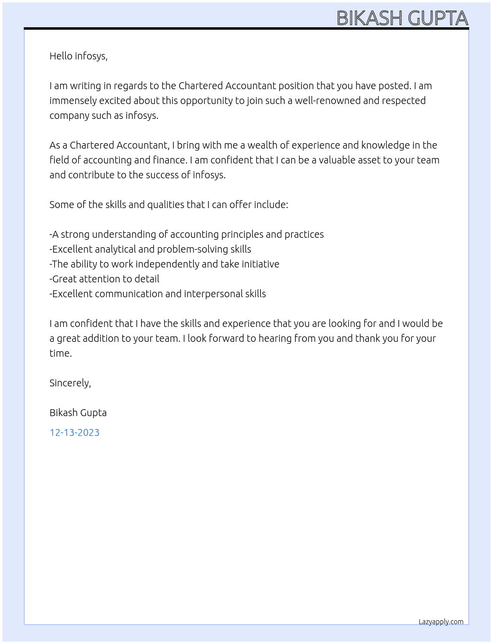 Chartered Accountant At infosys Cover Letter