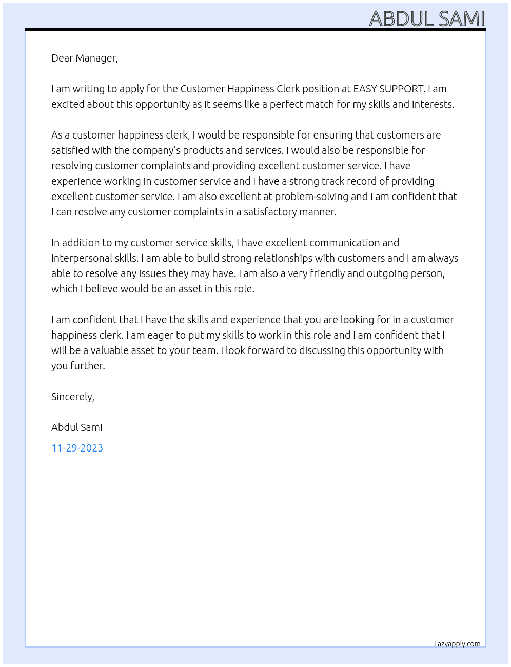 Customer Happiness Clerk At EASY SUPPORT  Cover Letter
