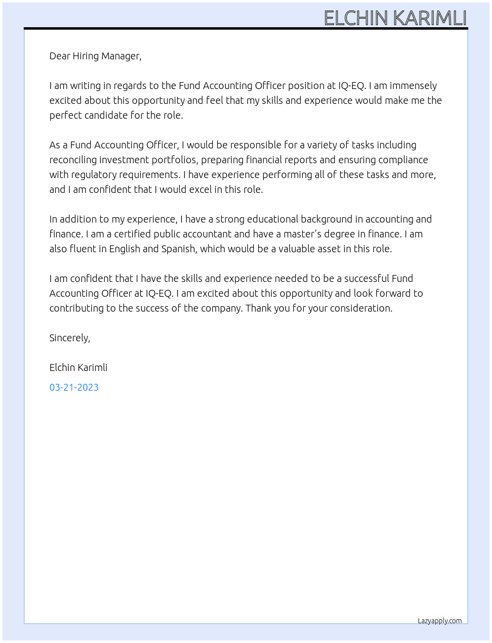 Fund Accounting Officer At IQ-EQ Cover Letter