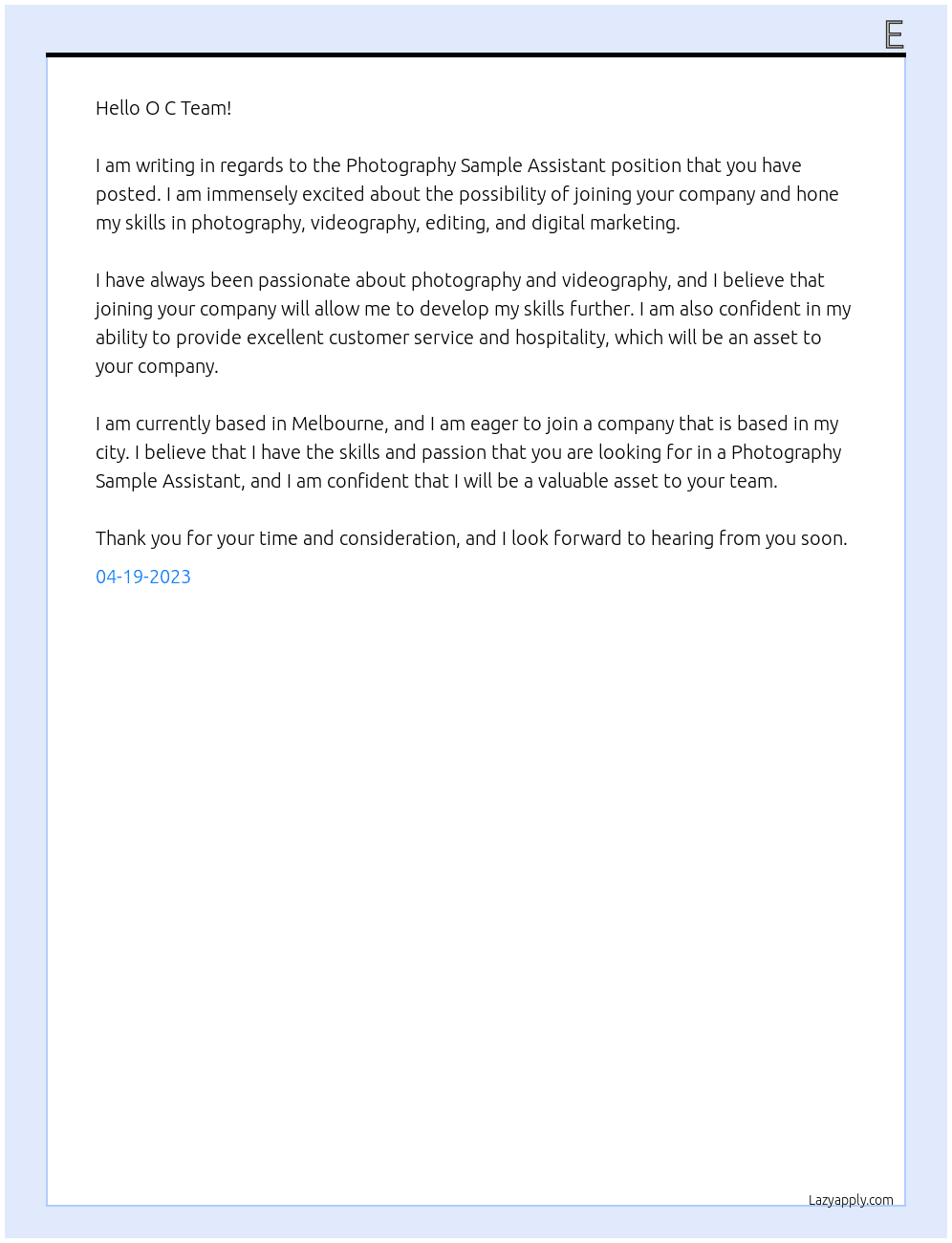 Photography Sample Assistant At O C Cover Letter