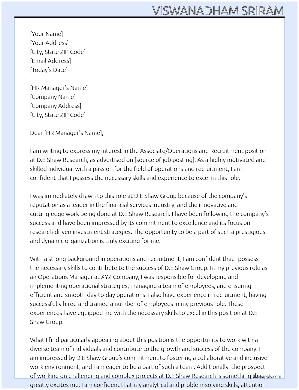 Associate/Operations and Recruitment - D. E. Shaw Research/Off -Campus-2024, HYD At D.E Shaw Group Cover Letter