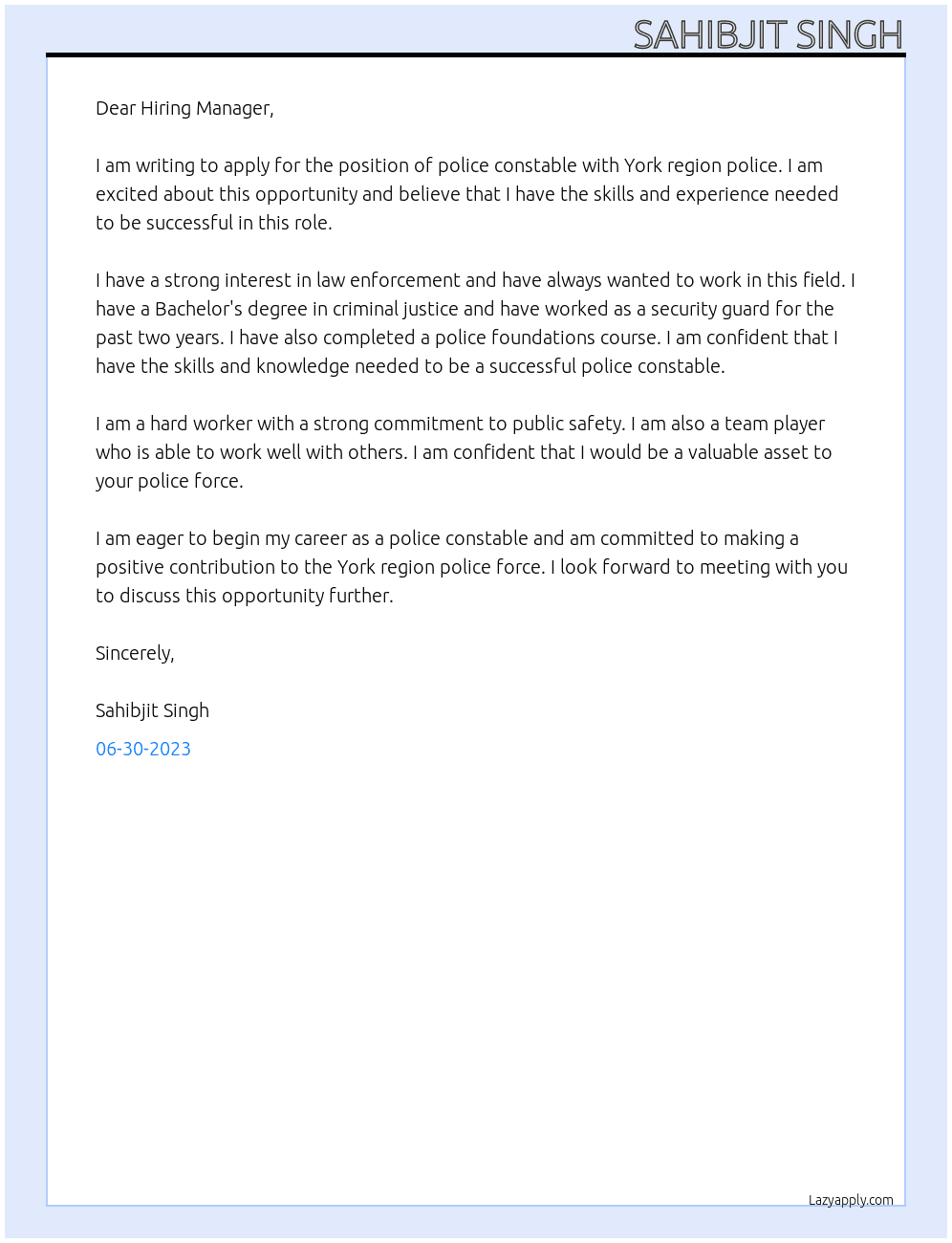 Police constable  At York region police  Cover Letter