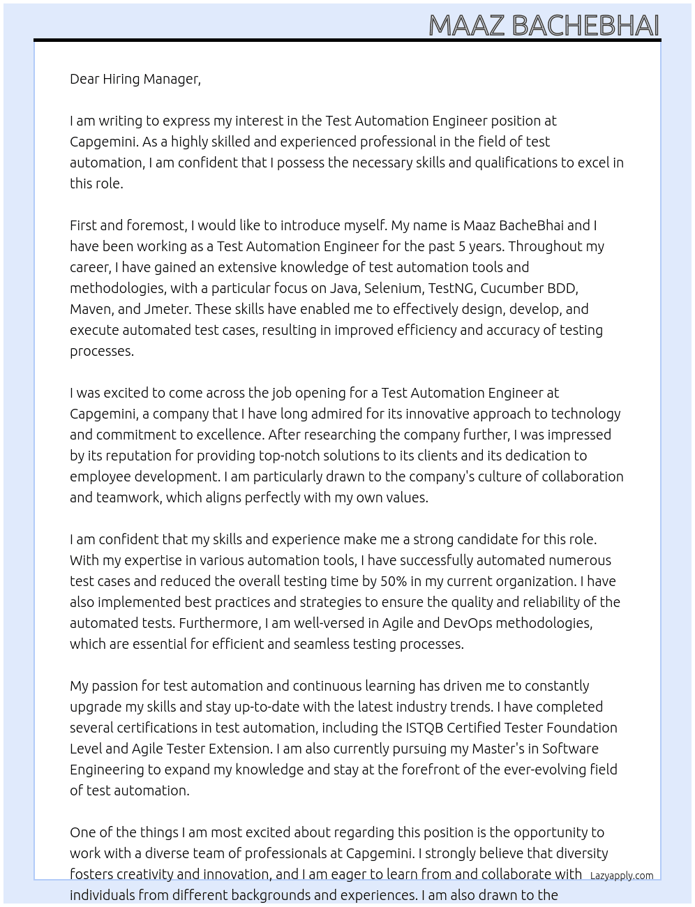 Test Automation Engineer At Capgemini Cover Letter